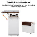 Farmhouse Kitchen Island Cart with Beaded Drape, Power Outlet, Drop Leaf, Rolling Wheels, 3 Doors, 3 Drawers, Adjustable Shelves, White