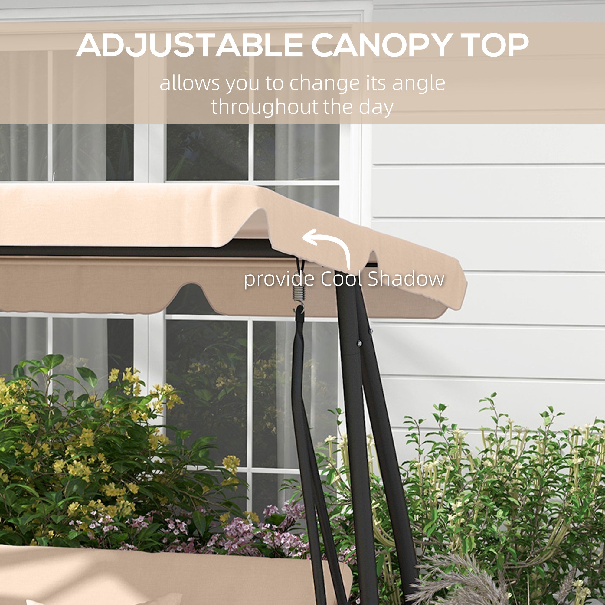 Free Standing Swing Bench, Porch Swing with Stand, Adjustable Canopy, Cushion and Pillows, Ecru