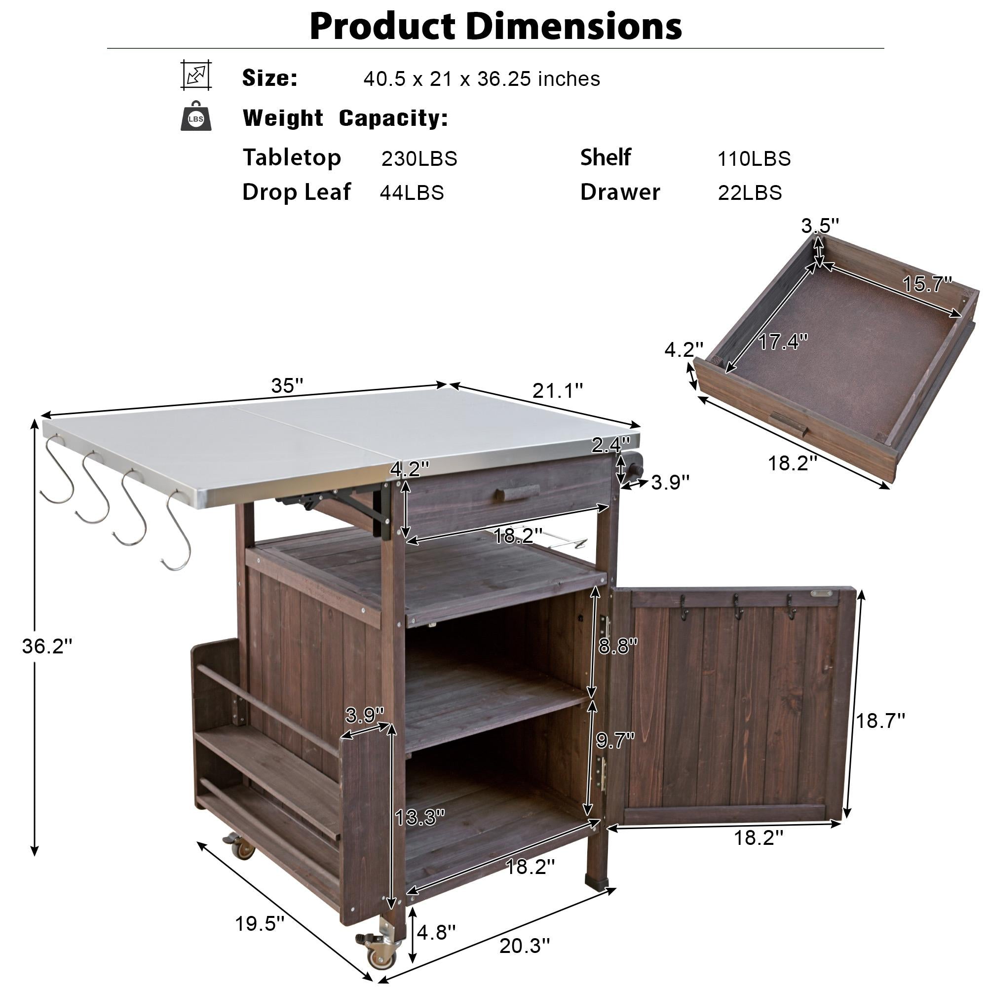 Outdoor Grill Cart with Stainless Steel Top, Storage Cabinet, Drop Leaf, Drawer, Towel Rack, Lockable Wheels, 40.5" L x 21" W x 36.3" H, Brown