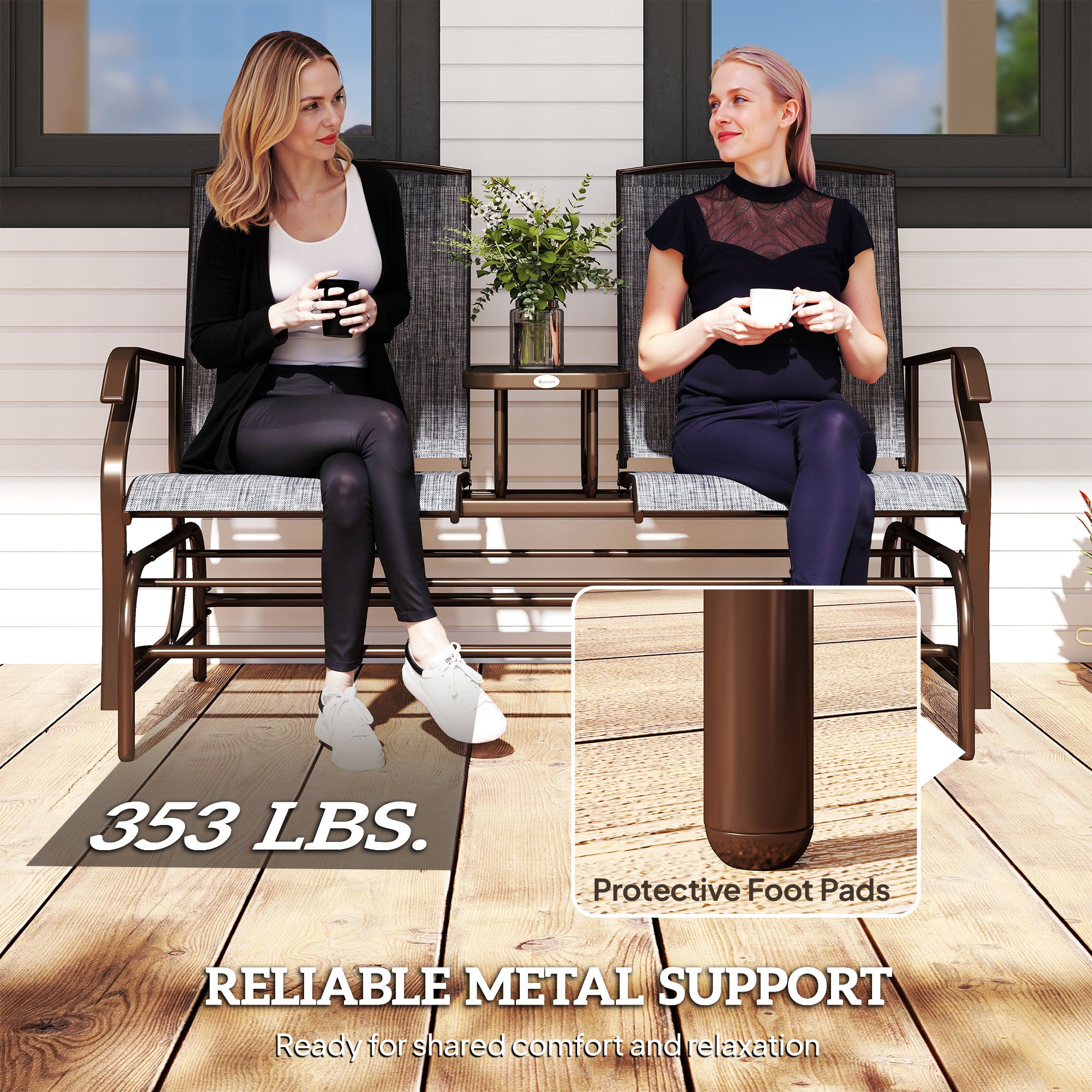 2-Seat Outdoor Glider Swing, Center Coffee Table and Independent Chairs, Supports Up to 352 lbs., Loveseat with Breathable Sling for Backyard, Garden, and Porch, Brown