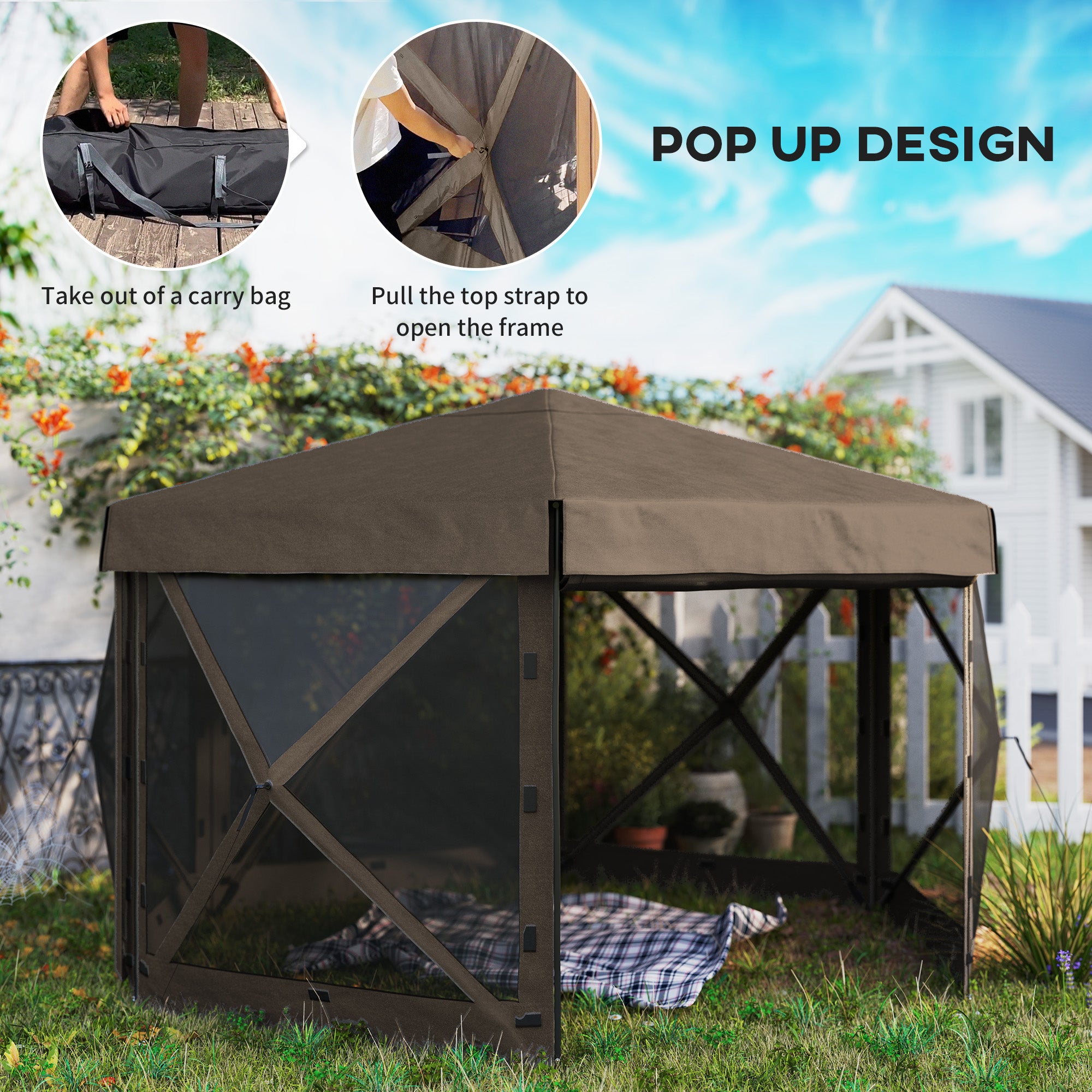 12' x 12' Hexagonal Pop Up Gazebo Canopy Tent with 5 Sidewalls, Outdoor Canopy Shelter with Carry Bag, Brown