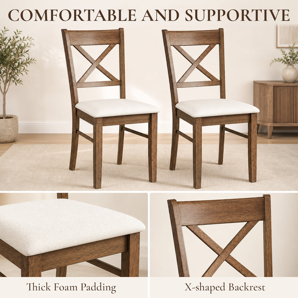 Dining Chairs Set of 2, Upholstered Kitchen Chairs with Rubberwood Frame, Padded Seat and X-Back, Walnut