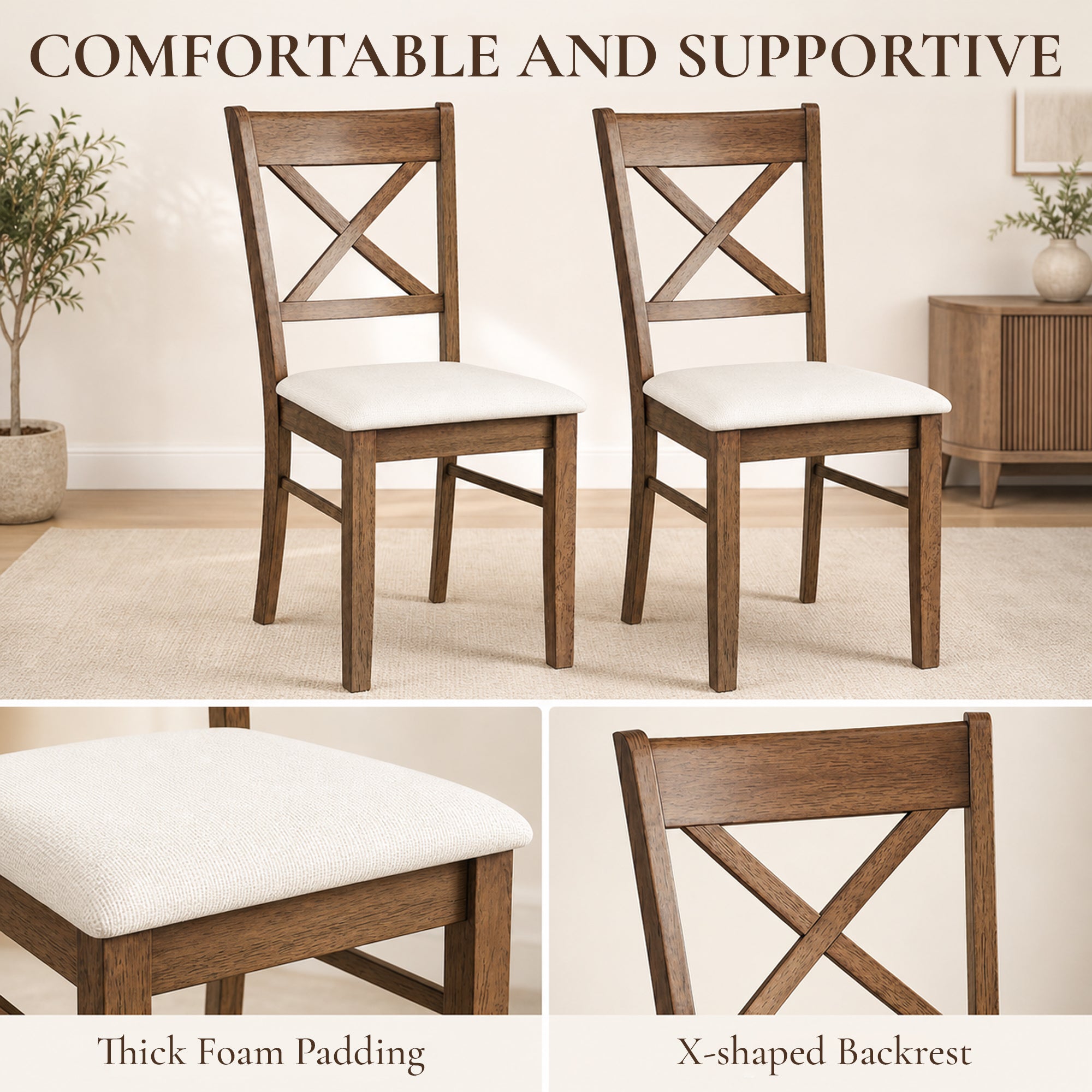 Dining Chairs Set of 2, Upholstered Kitchen Chairs with Rubberwood Frame, Padded Seat and X-Back, Walnut
