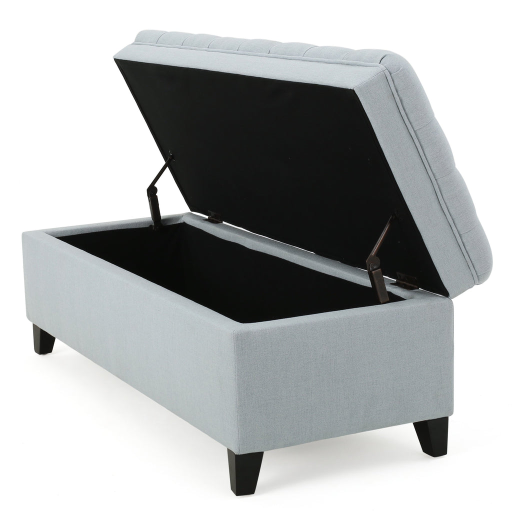 Storage Ottoman with Birch Legs, Hand-Tufted Fabric, 50" L x 20.5" W x 18.25" H, Spot Clean, Light Blue Gray
