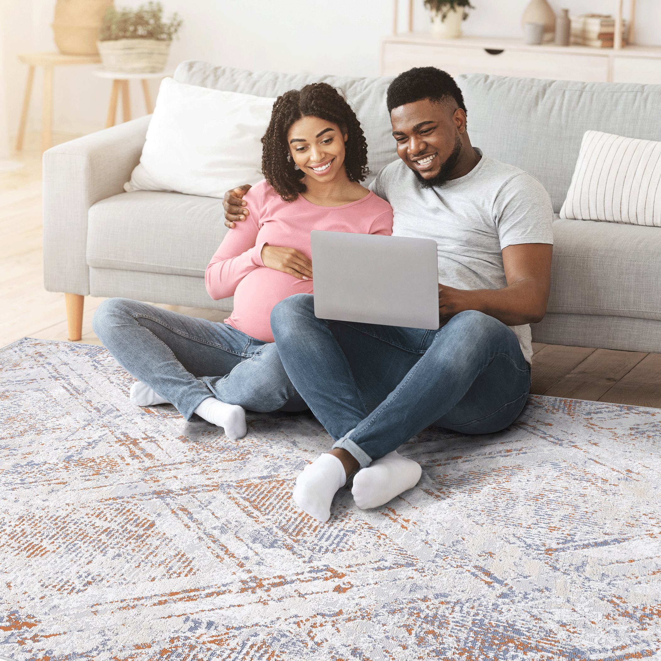 Naar 6x9 Geometric Stain-Resistant Area Rug with Non-Shedding Design and Cotton Backing, Kid and Pet-Friendly Carpet, 93" L x 79" W x 0.3" H, Beige