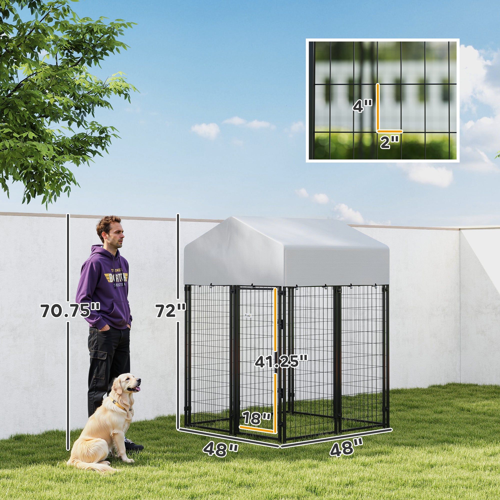 Outdoor Dog Kennel with Roof, 4' x 4' x 6' Heavy Duty Welded Wire Dog Playpen Enclosure with Escape-proof Lock