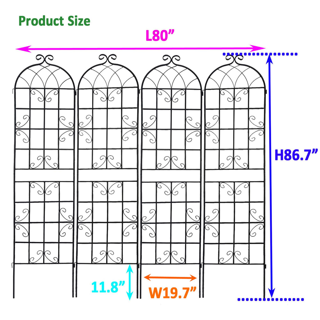 4 Pack Metal Garden Trellis with Galvanized Tube, Easy Assembly, Rustproof Climbing Plant Support, 80" L x 87" H, Black