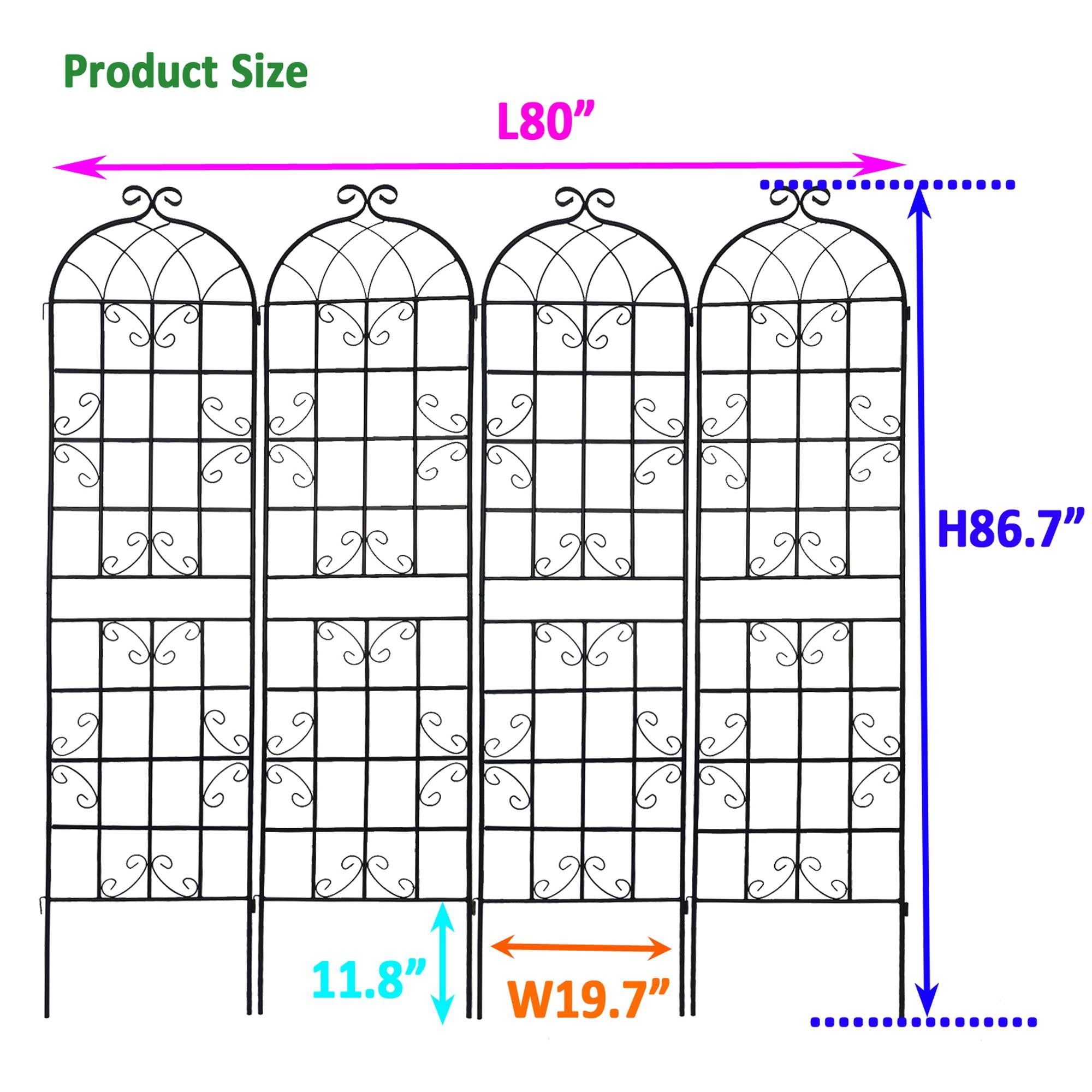 4 Pack Metal Garden Trellis with Galvanized Tube, Easy Assembly, Rustproof Climbing Plant Support, 80" L x 87" H, Black