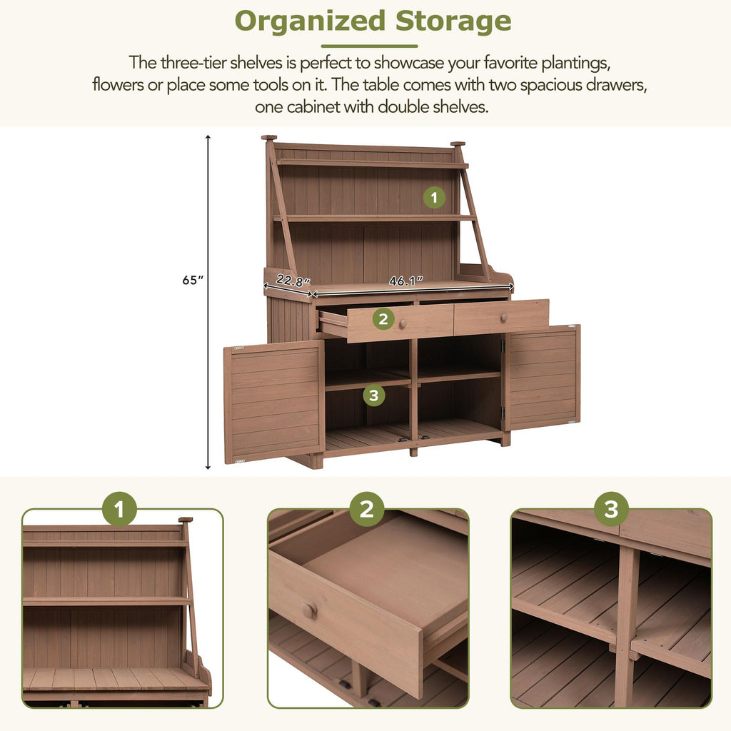 Garden Potting Bench Table with Cabinet, Drawer & Shelf, Fir Wood Outdoor Workstation for Garden & Patio, 47'' L x 23'' W x 65'' H, Brown