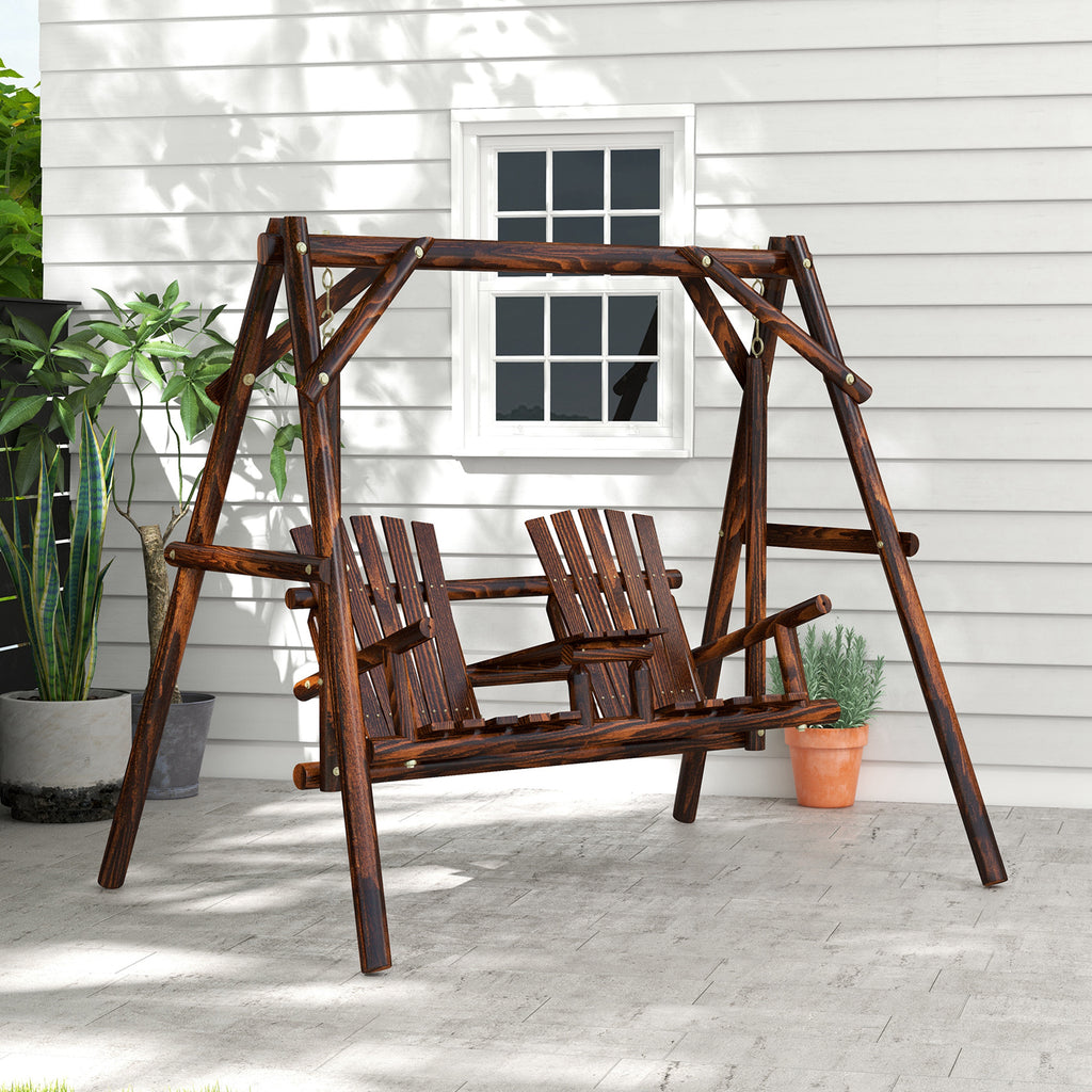 Wooden Porch Swing with Stand, 2-Seat Patio Swing Chair with Center Table, for Garden, Poolside, Backyard