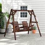 Wooden Porch Swing with Stand, 2-Seat Patio Swing Chair with Center Table, for Garden, Poolside, Backyard