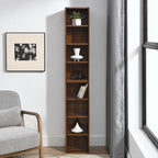 8-Tier Slim Media Tower Rack with Adjustable Shelves, Anti-Tip Hardware, Tall Narrow Bookcase for Compact Room, 11.5" L x 9.5" W x 71" H, Walnut
