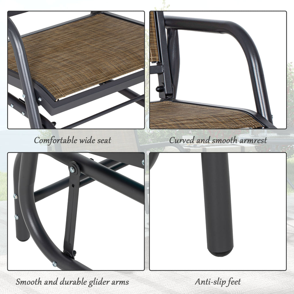 2 Pieces Outdoor Glider Chair, Steel Swing Chai with Curved Armrests for Porch, Garden, Poolside, Balcony, Mixed Brown