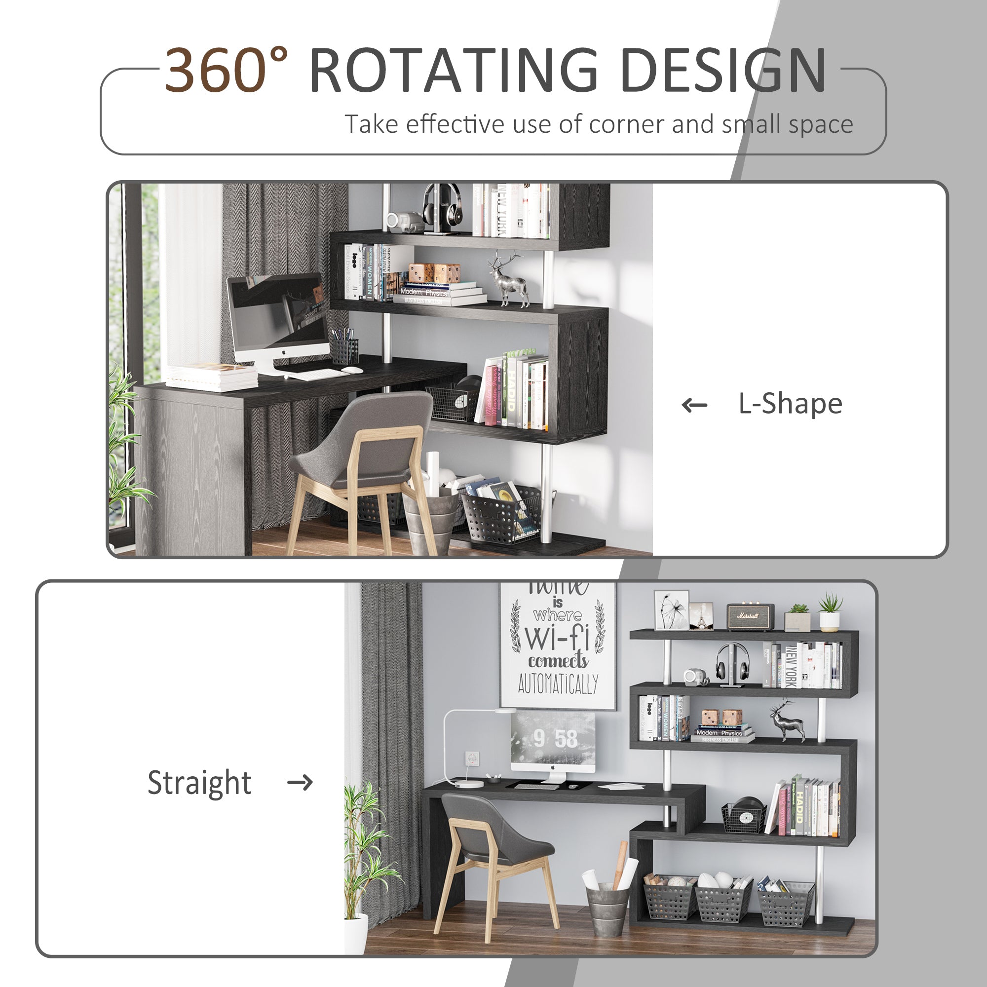 94" 5 Tier L-Shaped Computer Desk Rotating Writing Table Corner Desk with Display Shelves and Stainless Steel Frame, Black