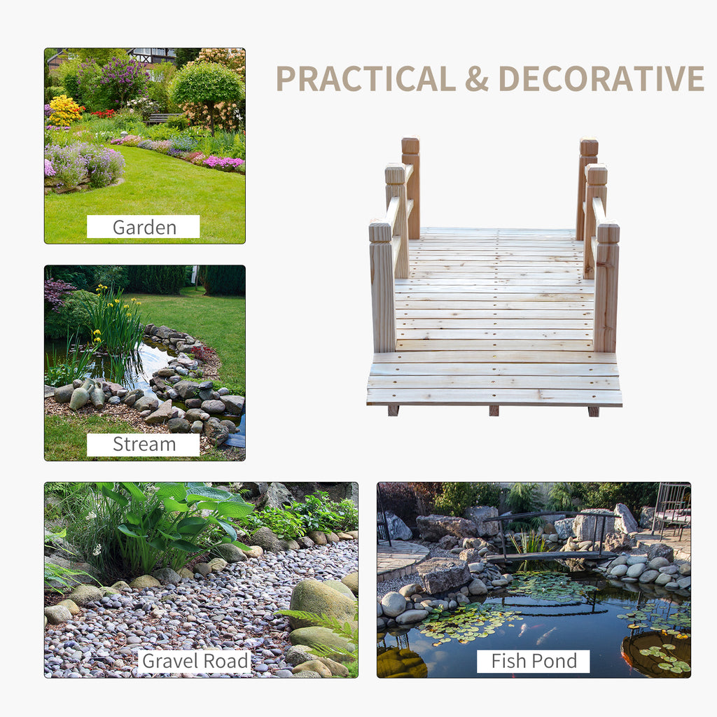 5 ft Wooden Garden Bridge Arc Footbridge with Railings for your Backyard, Natural Wood