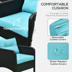5 Pieces Rattan Wicker Lounge Chair Outdoor Patio Conversation Set with 2 Cushioned Chairs, 2 Ottomans and Tempered Glass Top Coffee Table, Brown/Blue