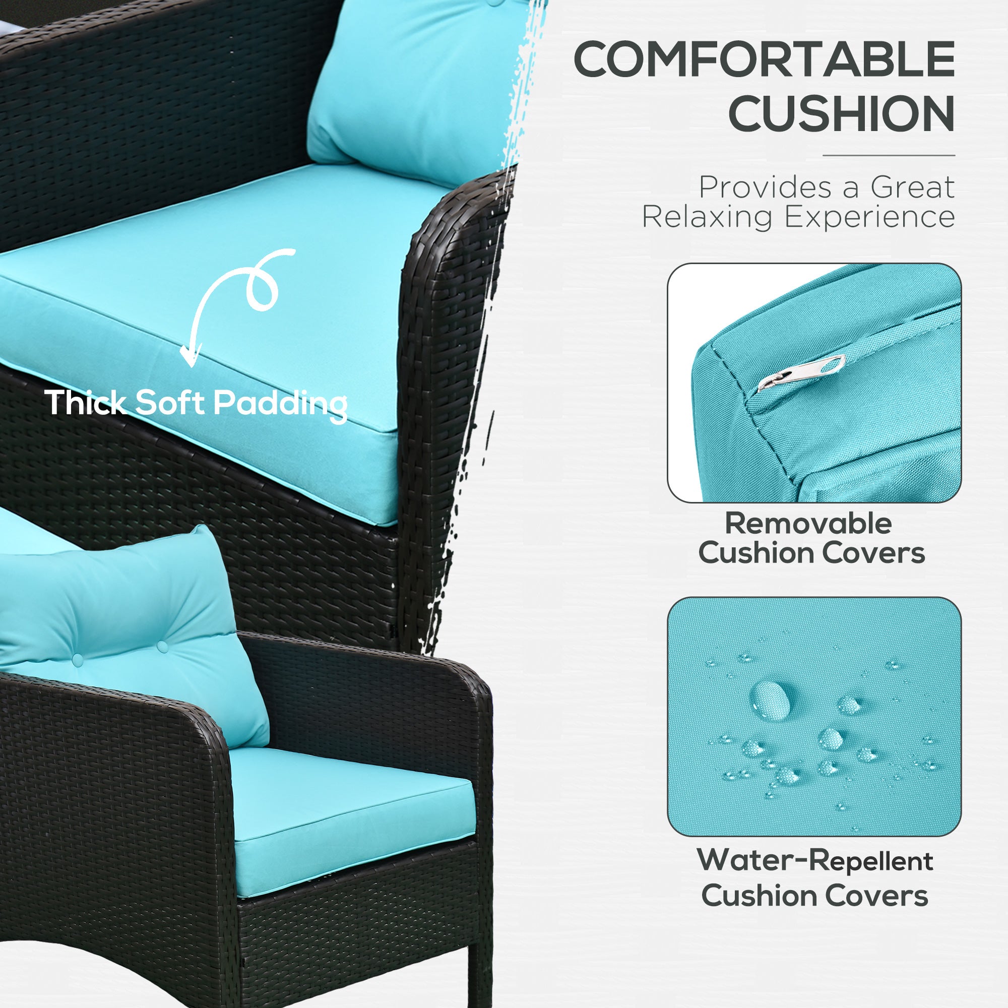 5 Pieces Rattan Wicker Lounge Chair Outdoor Patio Conversation Set with 2 Cushioned Chairs, 2 Ottomans and Tempered Glass Top Coffee Table, Brown/Blue