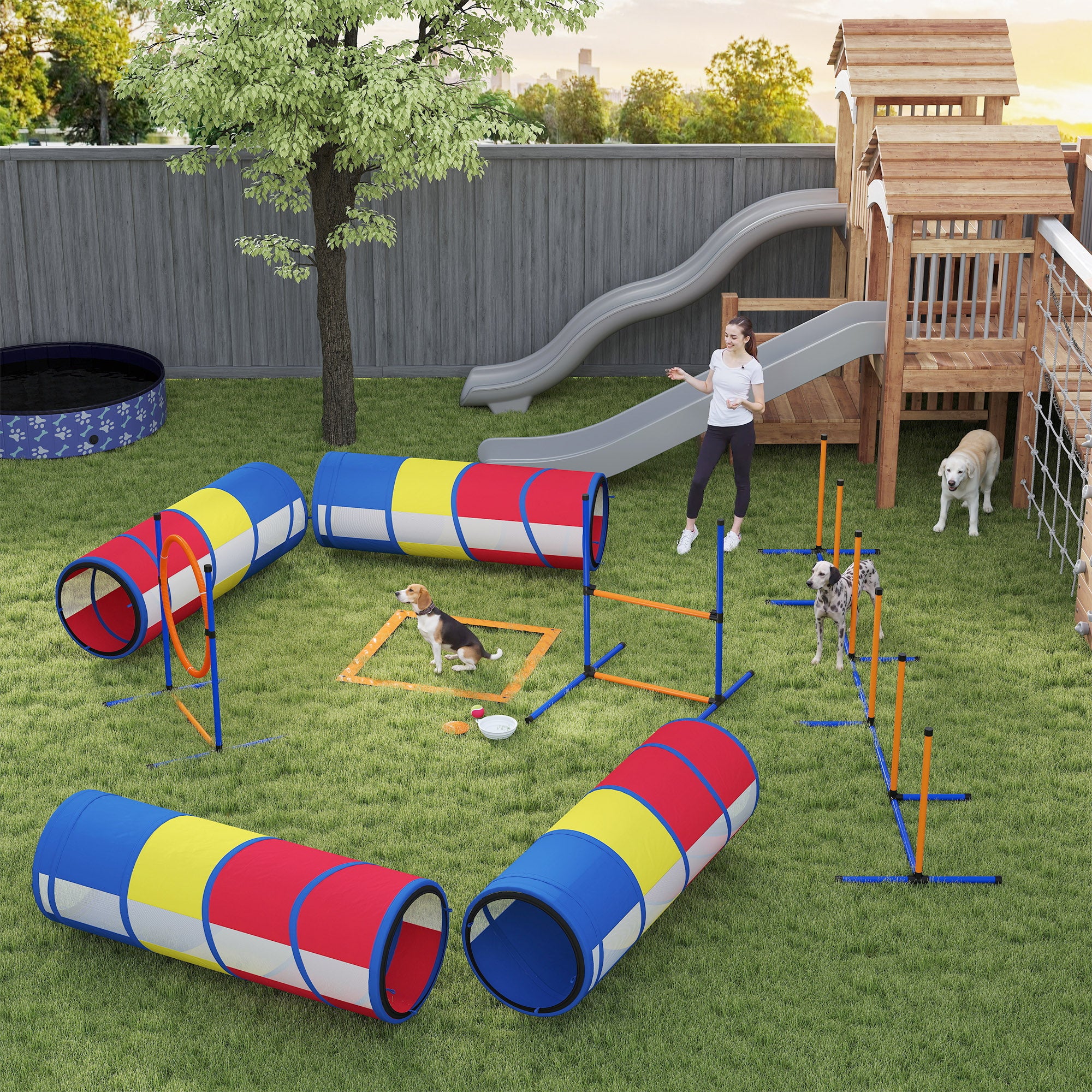 Dog Agility Training Equipment, 12-Piece Dog Obstacle Course with Adjustable Hurdle & Ring, 4 Tunnels, Weave Poles