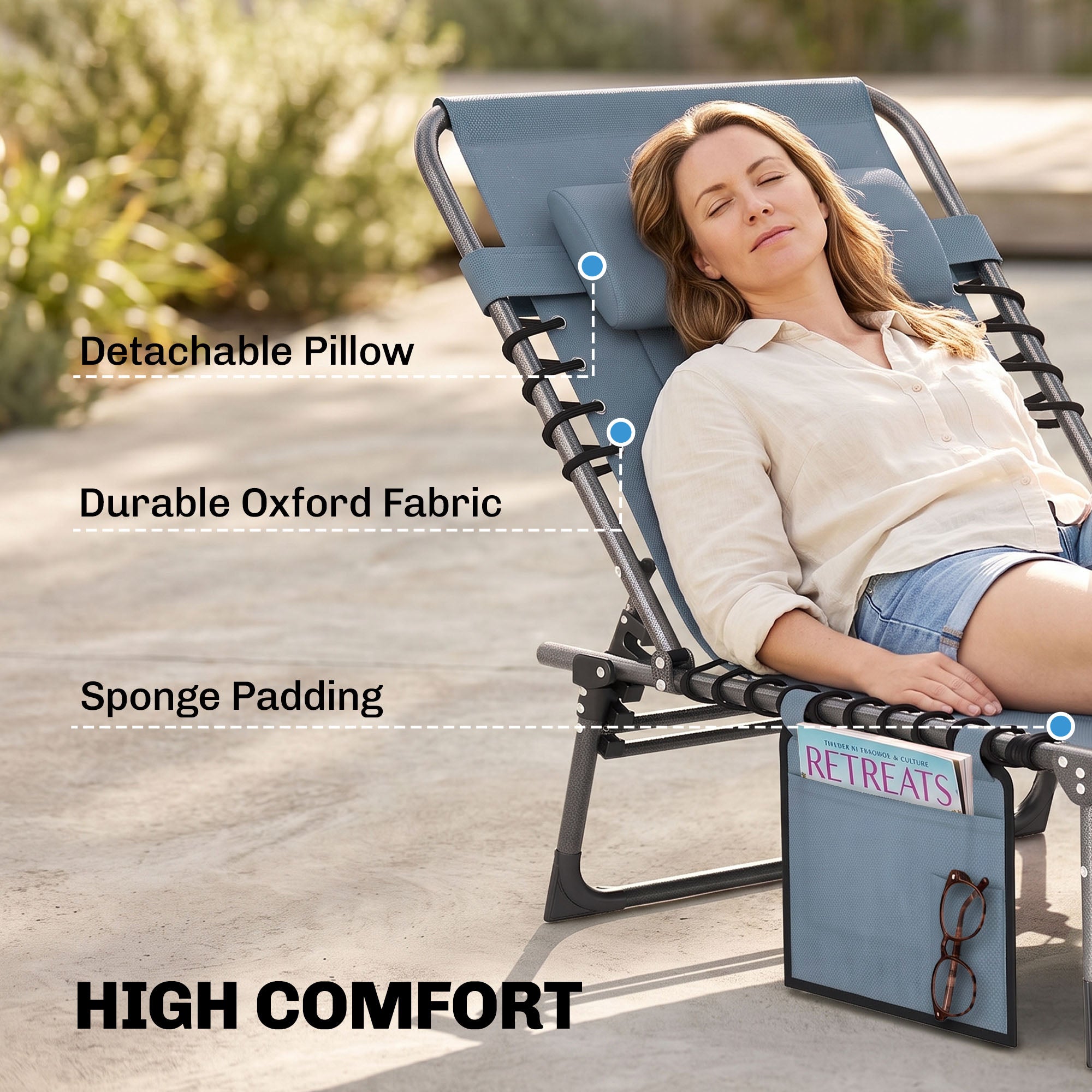 Padded Folding Chaise Lounge Chair, Outdoor 6-Level Reclining Camping Tanning Chair with Headrest for Beach, Yard, Patio, Pool, Gray