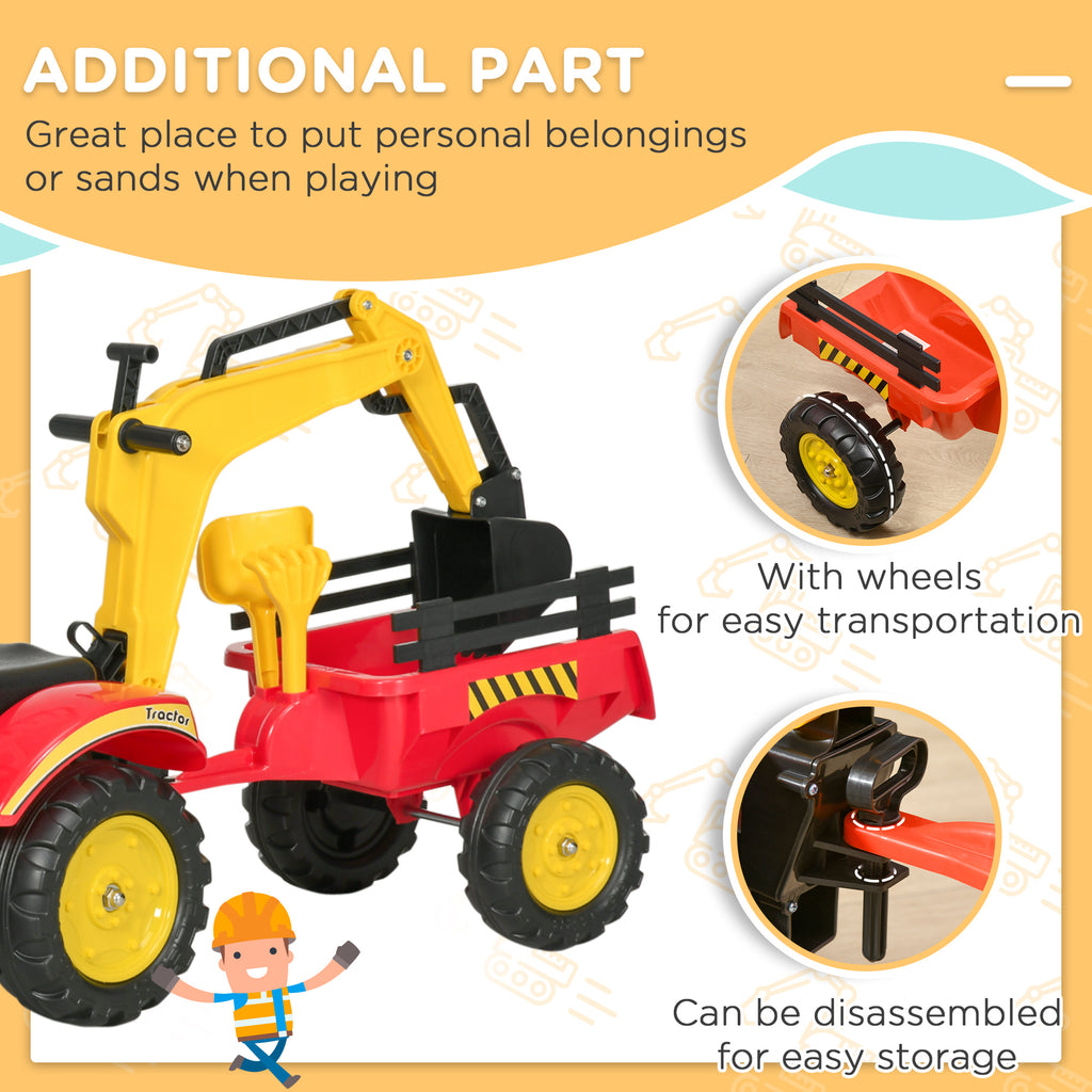 3 in1 Kids Ride On Bulldozer Excavator Toy with 6 Wheels Controllable Cargo Trailer Easy Pedal Controls for 3-6 Years