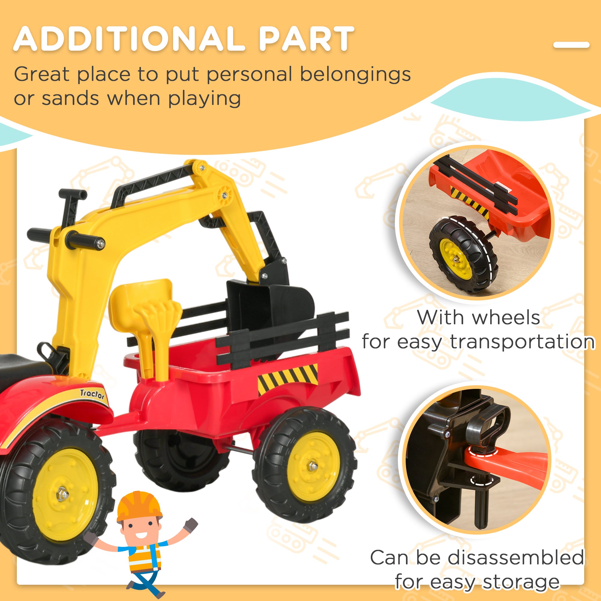 3 in1 Kids Ride On Bulldozer Excavator Toy with 6 Wheels Controllable Cargo Trailer Easy Pedal Controls for 3-6 Years