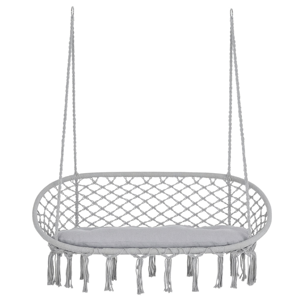 2-Person Hammock Chair Macrame Swing with Soft Cushion, Hanging Cotton Rope Chair for Indoor Outdoor Home Patio Backyard, Light Gray