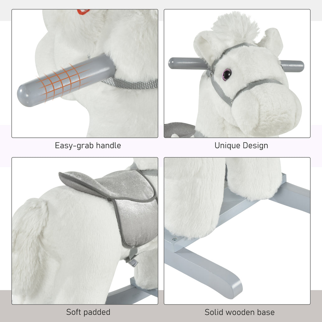 Kids Rocking Horse with Bear Toy, Plush Animal Rocker with Fun Realistic Sounds for Toddler 18-36 Months, White