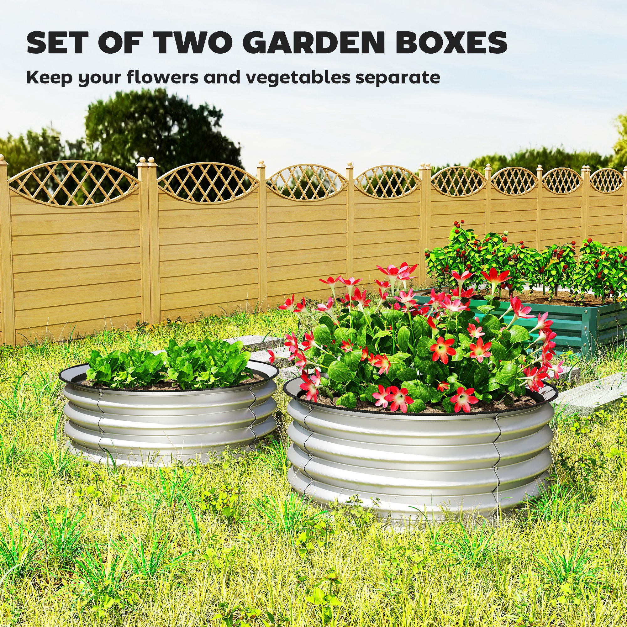 Set of 2 Raised Garden Bed, Metal Planter Box with Safety Edging, Easy-to-assemble Stock Tank 2'x2'x1' Silver