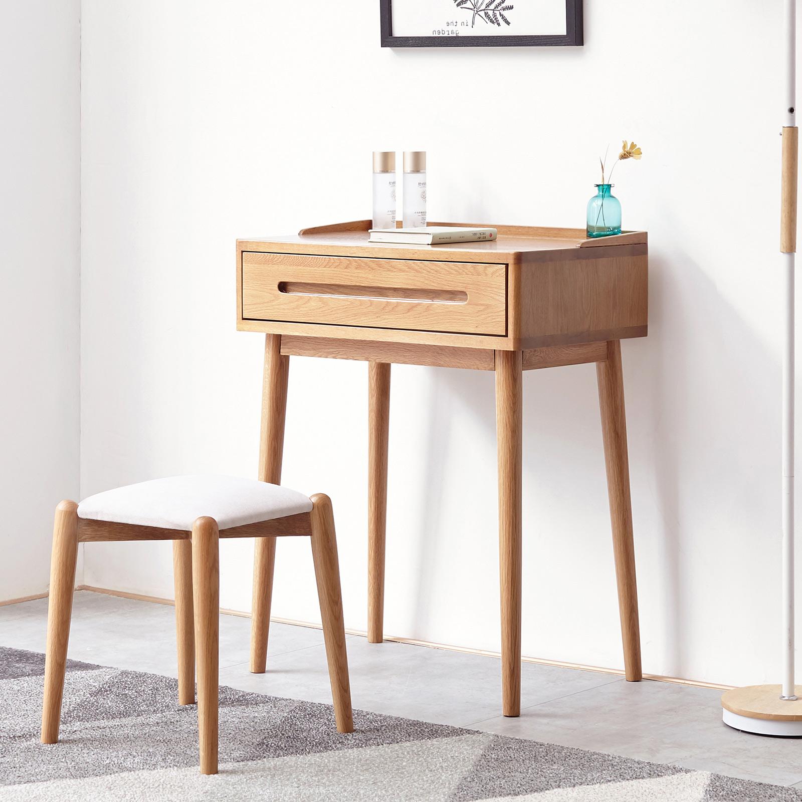 Compact Makeup Vanity Table with Storage Drawer, Assembled Nightstand with Desktop for Bedroom, 23.5″ L x 15.5″ W x 30.5″ H, Oak