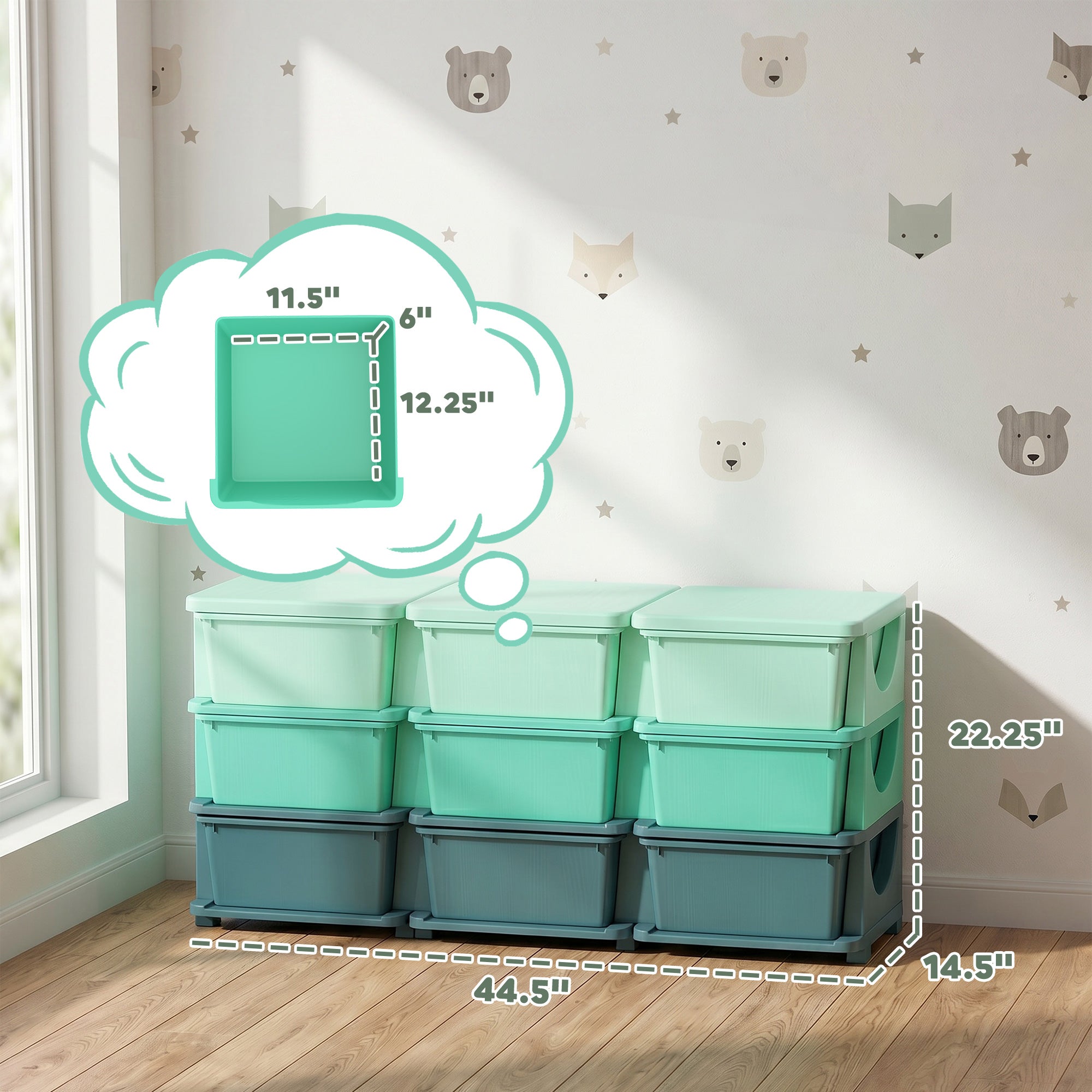 3 Tier Kids Storage Organizer with 9 Drawers for Bedroom, Nursery, Kindergarten, Living Room, Boys and Girls, Green