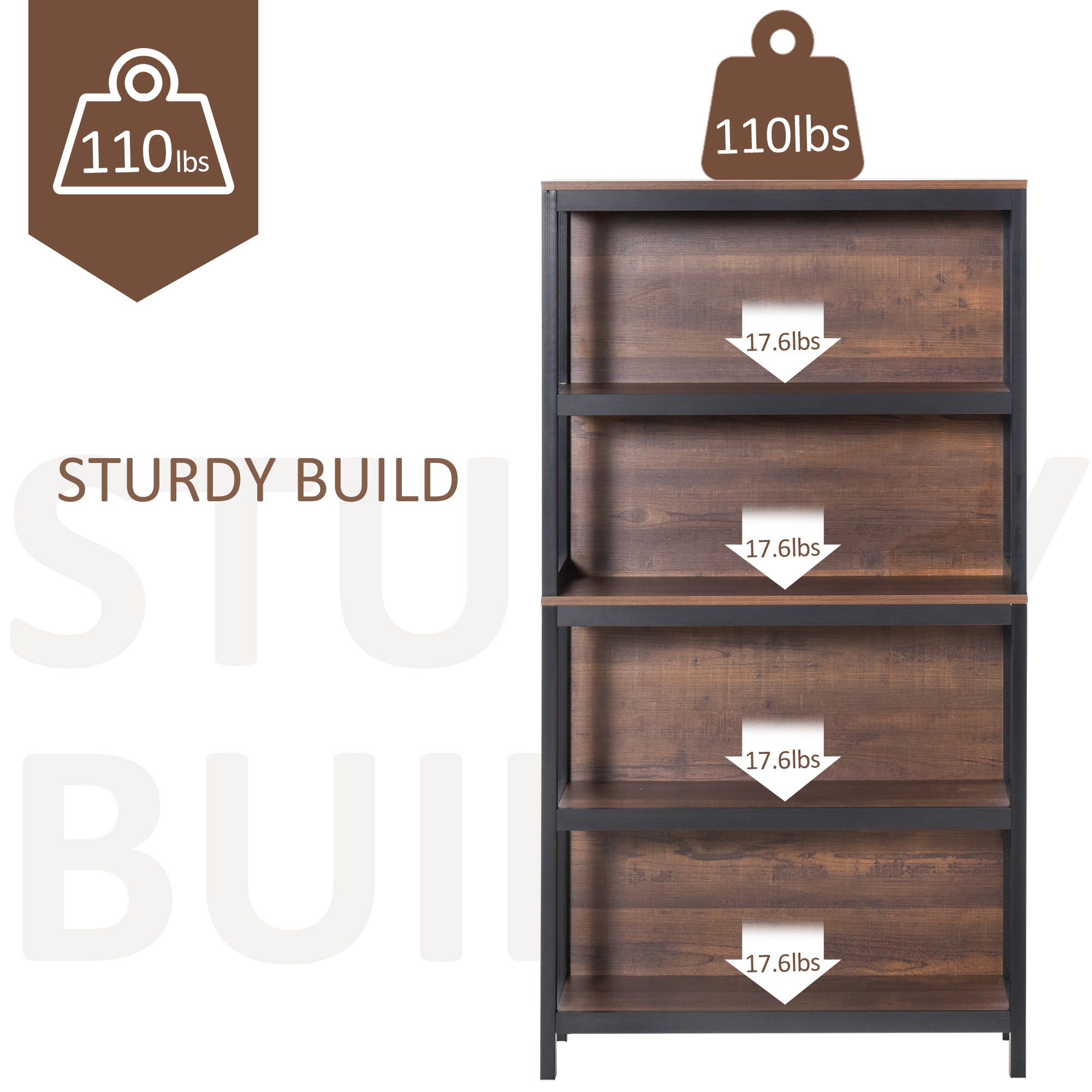 Shelves for Storage, 4 Tier Bookshelf Utility Organizer with Back Support and Anti-Topple Design, Walnut/Black
