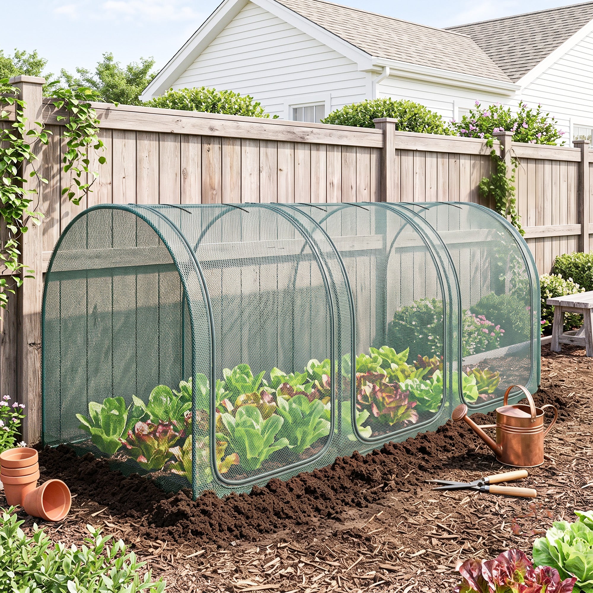 9' x 4' Crop Cage, Plant Protection Tent with Three Zippered Doors, Storage Bag and 4 Ground Stakes, for Garden, Yard, Lawn, Green