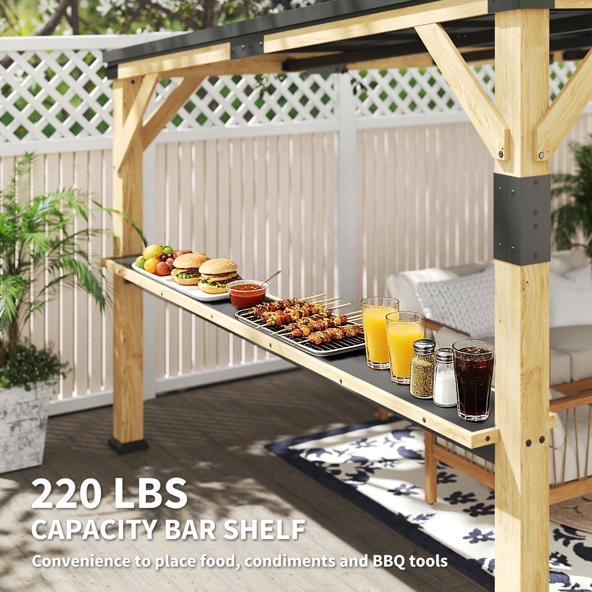 10' x 14' Wooden Gazebo, Hardtop Lean-to Gazebo Pergola with Galvanized Steel Sloped Roof, Bar Shelf, Natural Wood