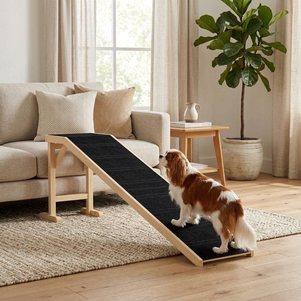 Dog Ramp for Bed, Pet Ramp for Dogs with Non-Slip Carpet and Top Platform, 74" x 16" x 25", Natural