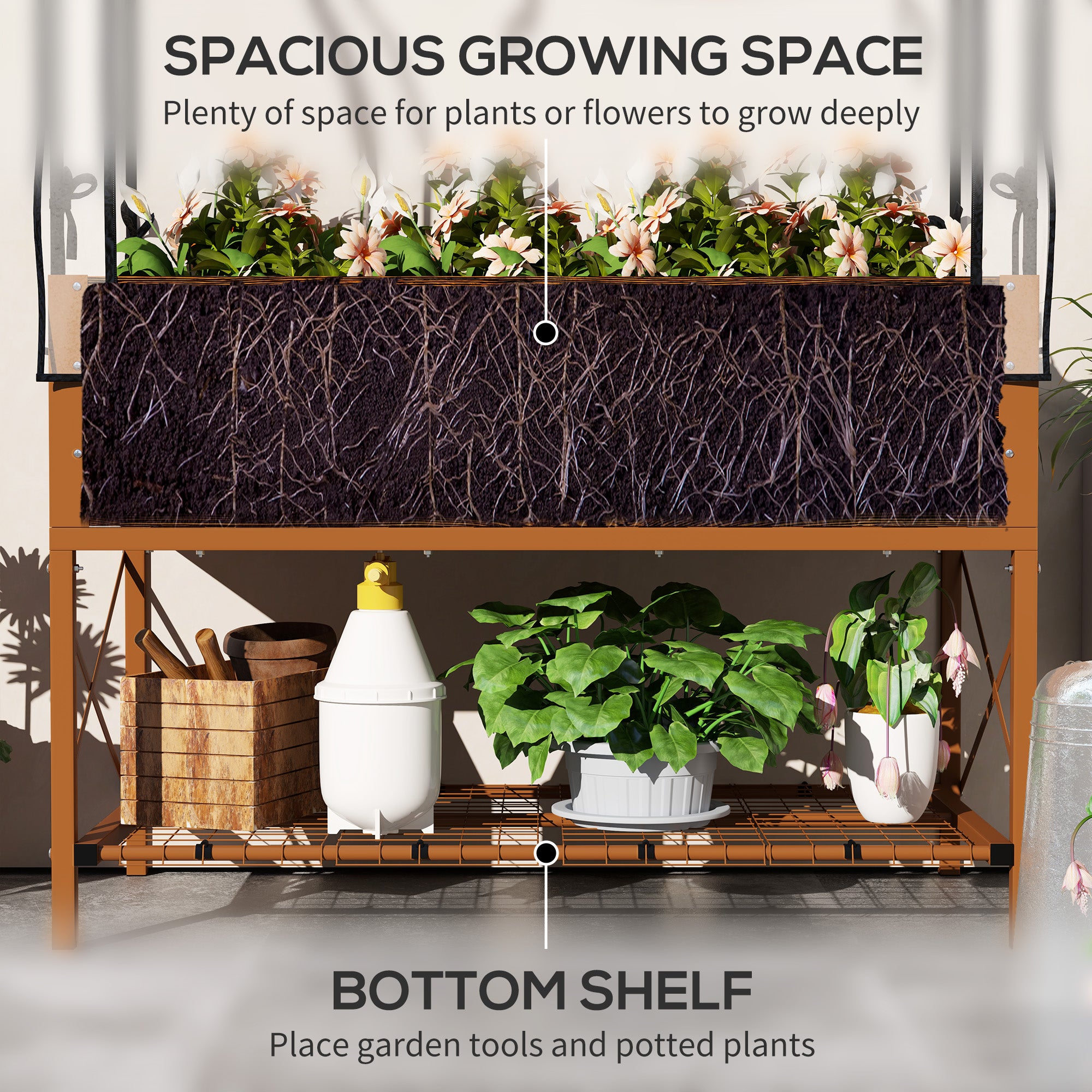 Raised Garden Bed with Legs and Cover, Metal Elevated Planter Box with Bottom Shelf and Liner for Vegetables, Brown