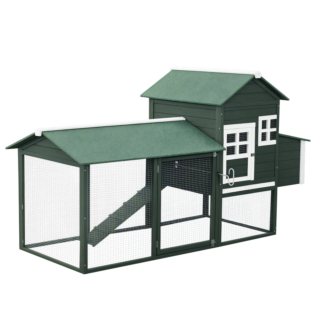 84" Wooden Chicken Coop, Hen House Outdoor with Run Nesting Box, Asphalt Roof, Removable Tray, Ramp, Poultry Cage for 2-3 Chickens, Green