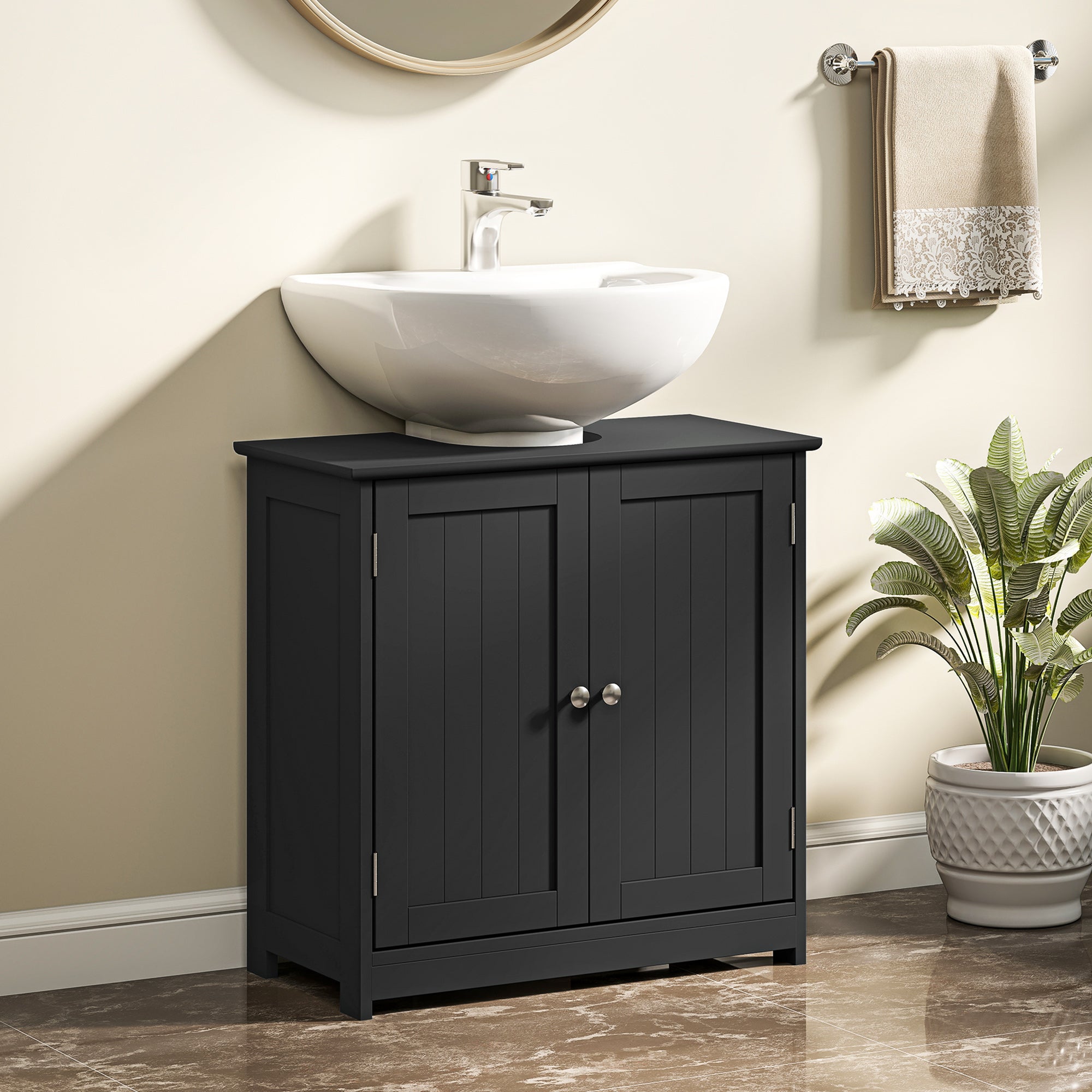 Pedestal Sink Storage Cabinet, Bathroom Sink Cabinet with U-Shape Cut-Out and Adjustable Shelf, Black