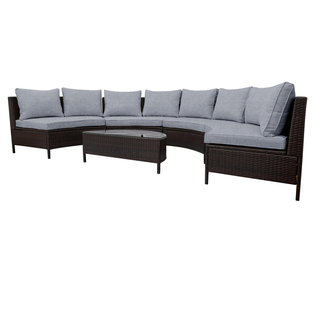 5 Piece Half-Moon Patio Sectional with Glass Table, All-Weather Wicker Sofa with Thick Cushions, 47.5" L x 27" W x 27" H, Grey