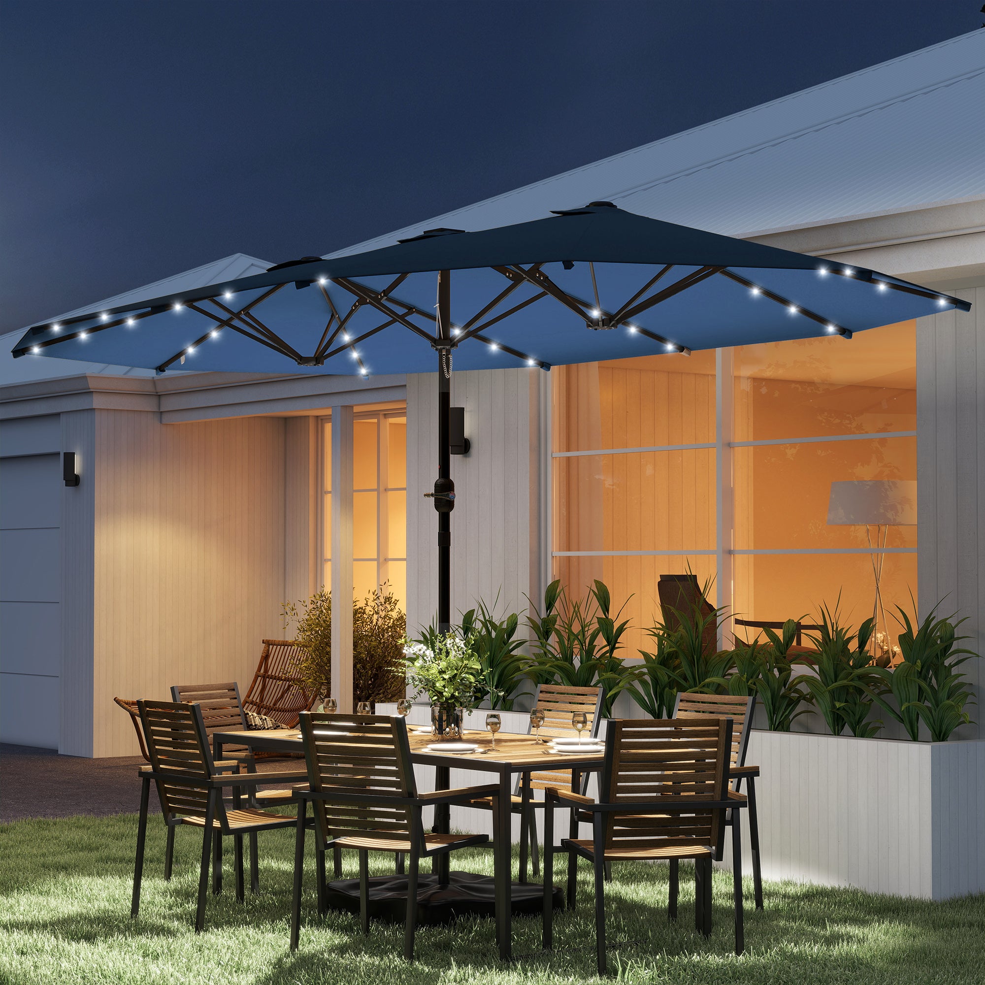 Garden Parasol 14.4ft Double-Sided Sun Umbrella with Base, Patio Parasol with LED Solar Lights, Navy Blue