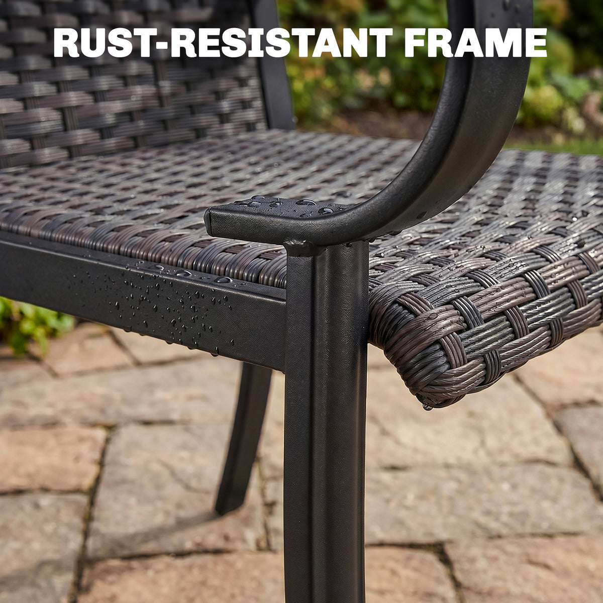 Set of 2 Outdoor Wicker Dining Chairs with Armrest, Steel Frame, High Back and Deep Seating, Brown