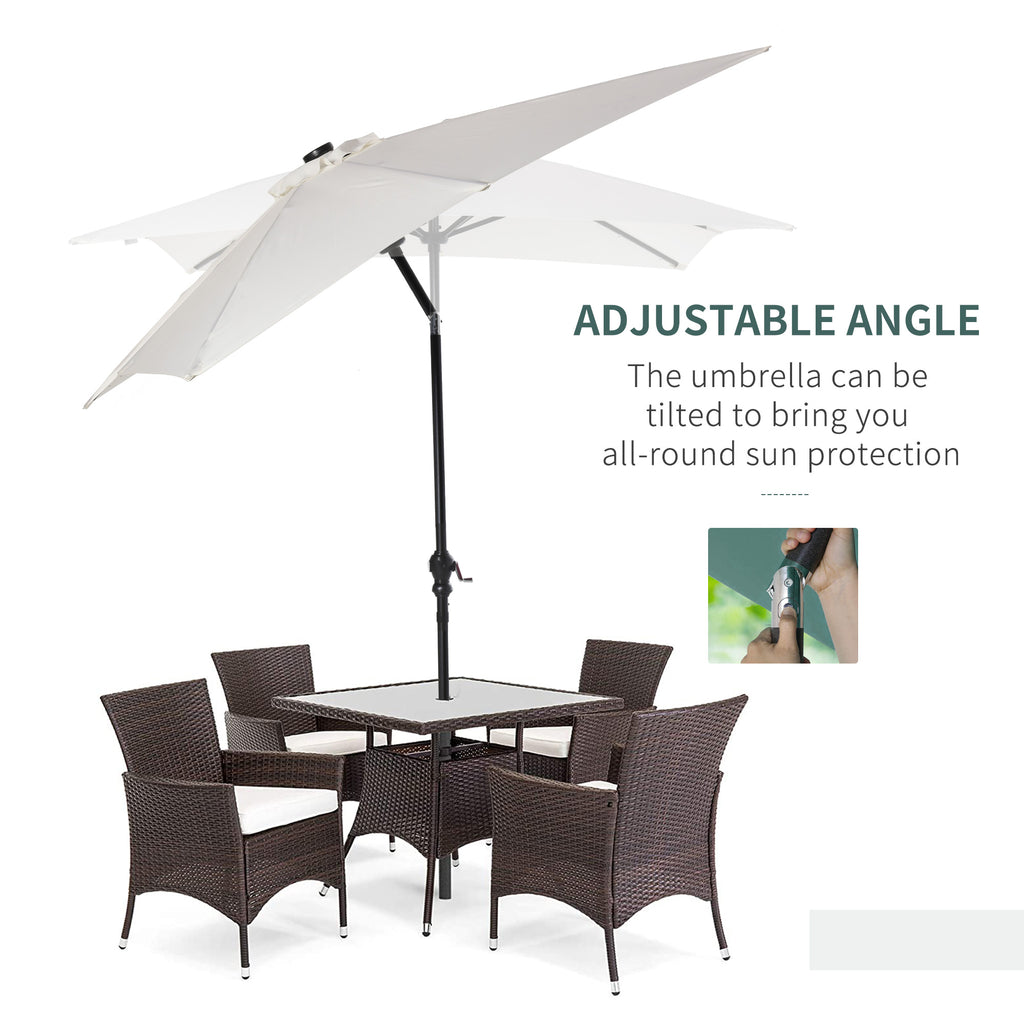 9' x 7' Patio Umbrella Outdoor Table Market Umbrella with Crank, Solar LED Lights, 45° Tilt, Push-Button Operation, for Deck, Backyard, Pool and Lawn, White