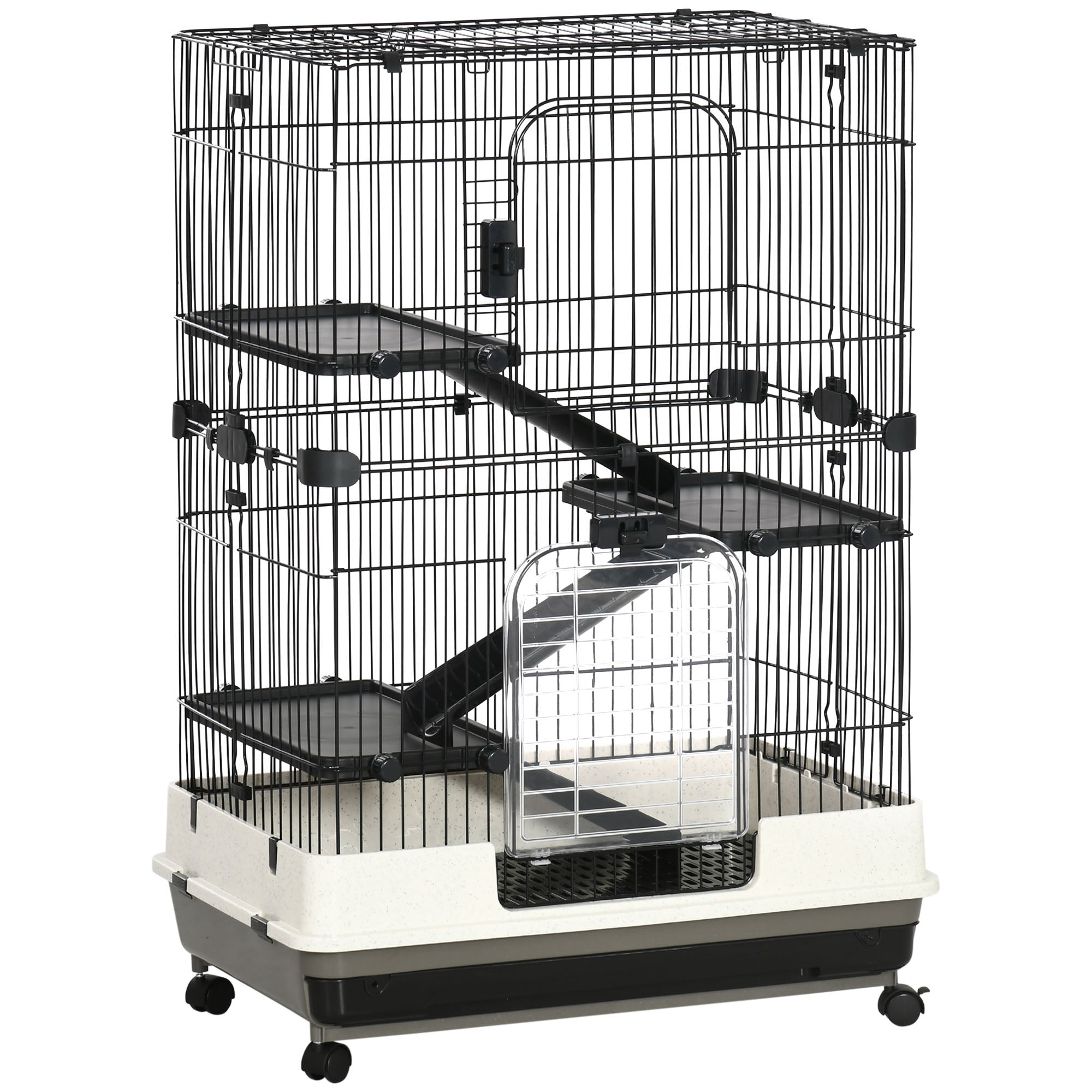 32"L 4-Level Small Animal Cage Rabbit Hutch with Universal Lockable Wheels, Slide-out Tray for Bunny, Chinchillas, Ferret, Black