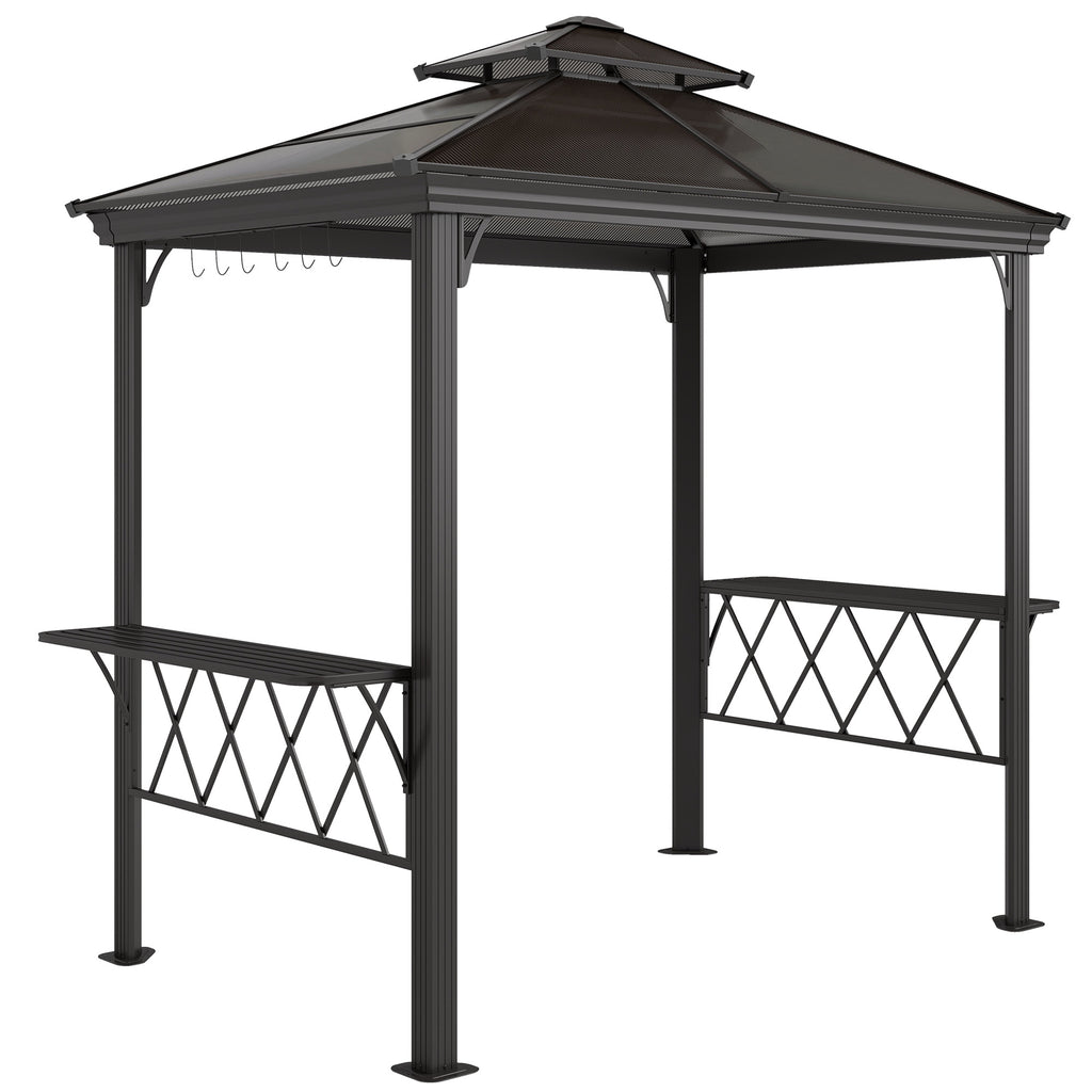 Outside Porch BBQ Cooking Pergola Canopy with 6 Hooks for Utensils and Double Venting Roof, Coffee