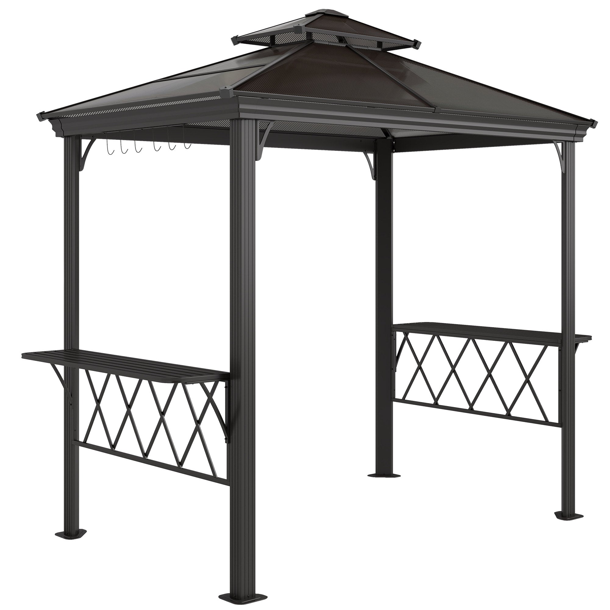 Outside Porch BBQ Cooking Pergola Canopy with 6 Hooks for Utensils and Double Venting Roof, Coffee