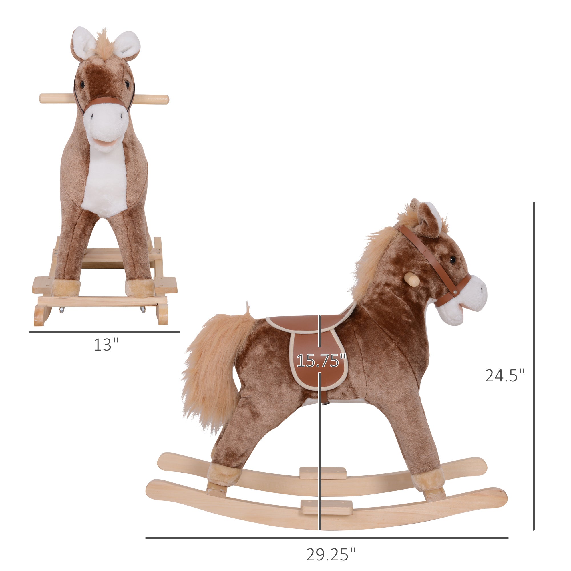 Kids Rocking Horse with Soft Plush Body, Wooden Base & Handle Grip for Years 3+