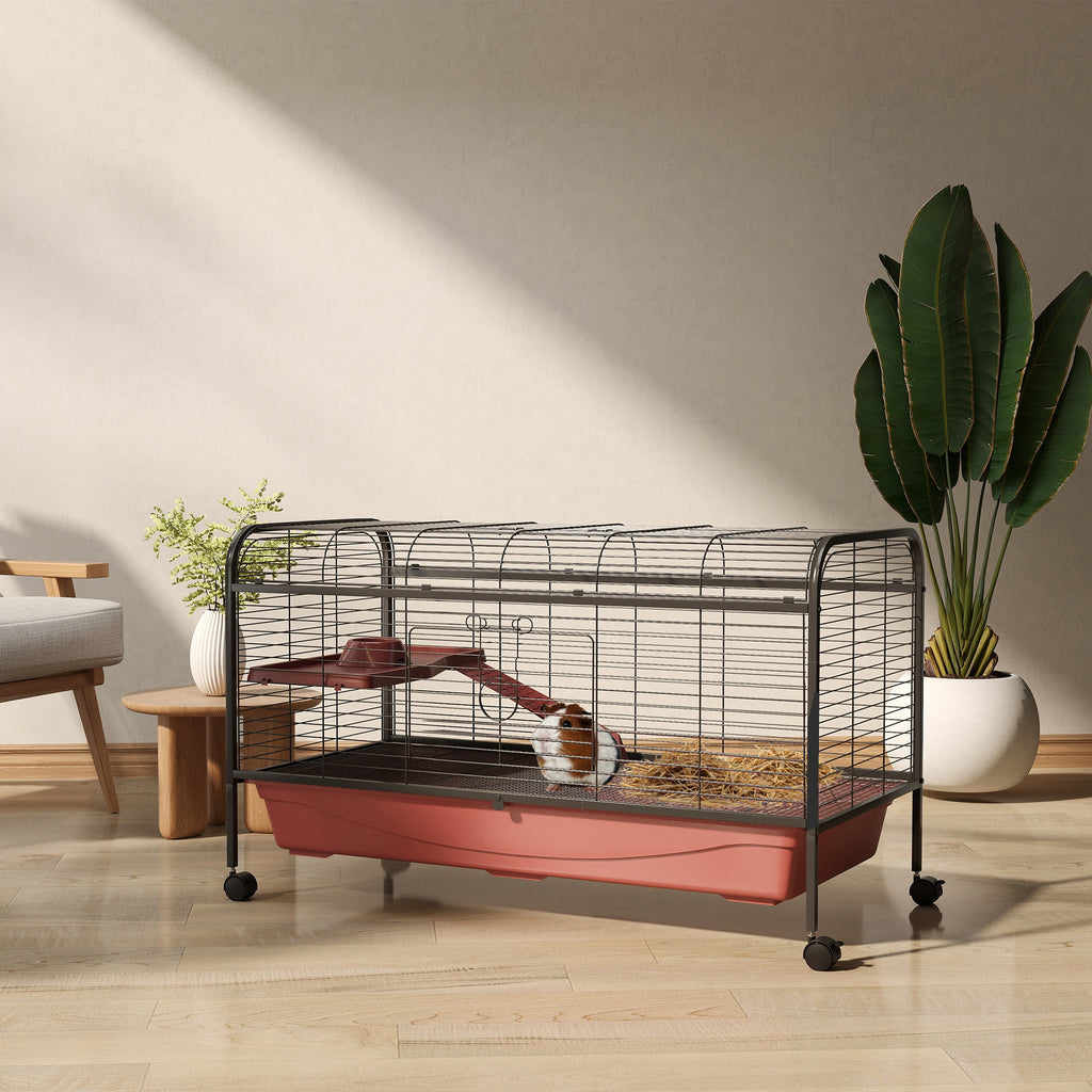 48" L Small Animal Cage, Pet Play House for Rabbit Hutch or Ferret with Feeder, Rolling Wheels, Platform, Ramp