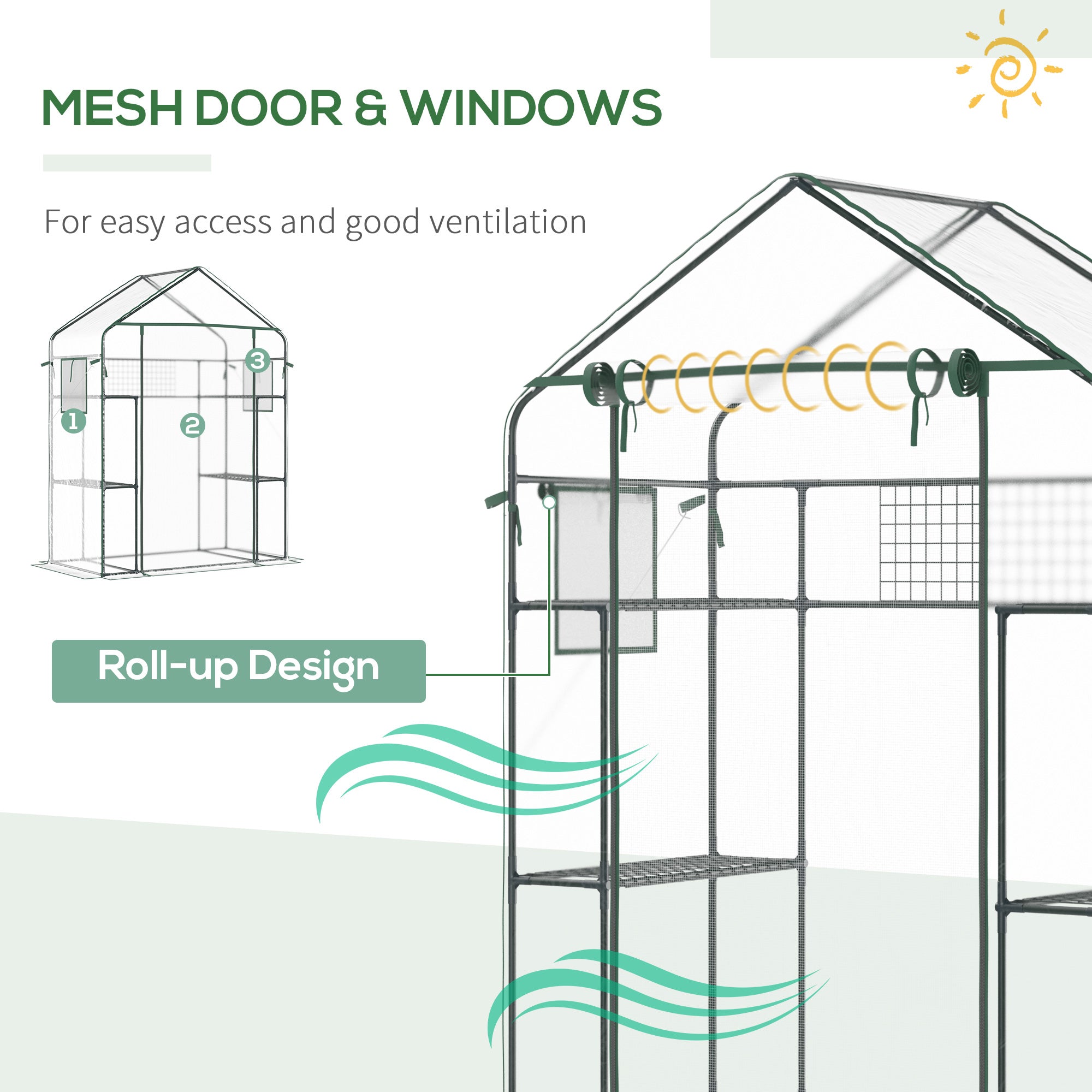 Outdoor Walk-in Mini Greenhouse with Mesh Door & Windows, Small Portable Garden Green House with 3 Tiers 6 Shelves, Trellis, & Plant Labels