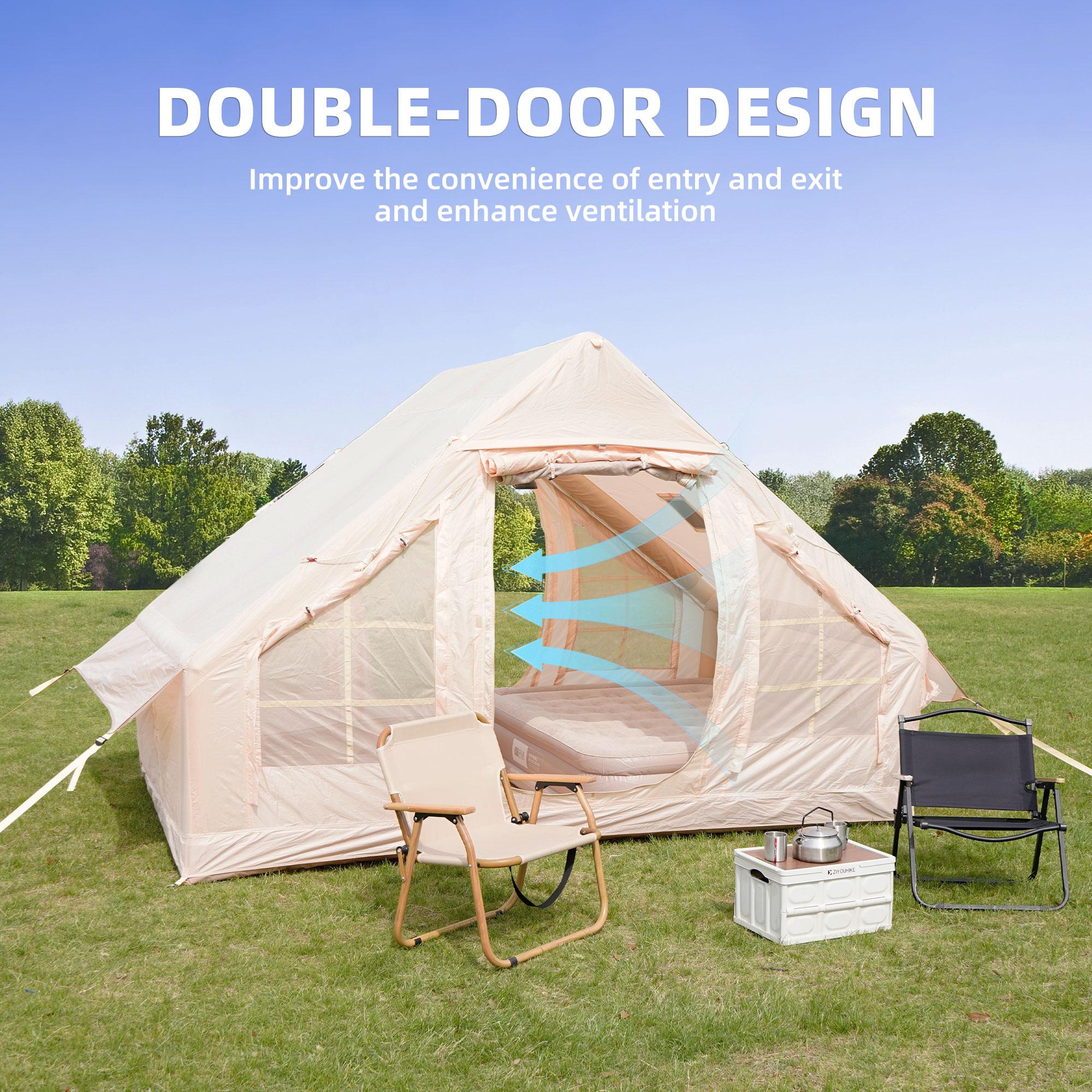 Waterproof Camping Tent with 3-5 Minute Hand Pump Setup, Sturdy Family Tent with Chimney Window, 118″ L x 82.5″ W x 78.5″ H, Beige