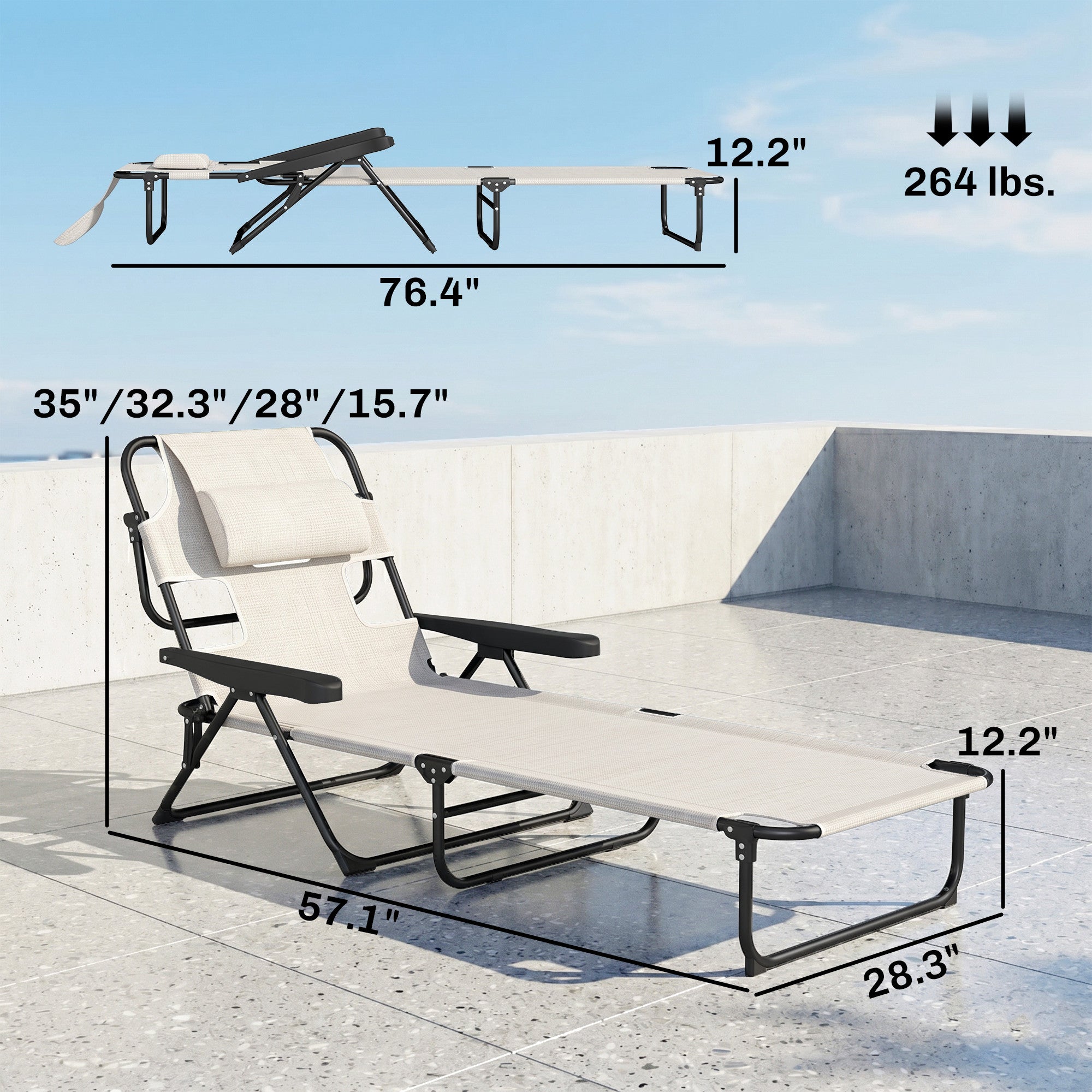 Folding Lounge Chair w/ Reclining Back, Cream White