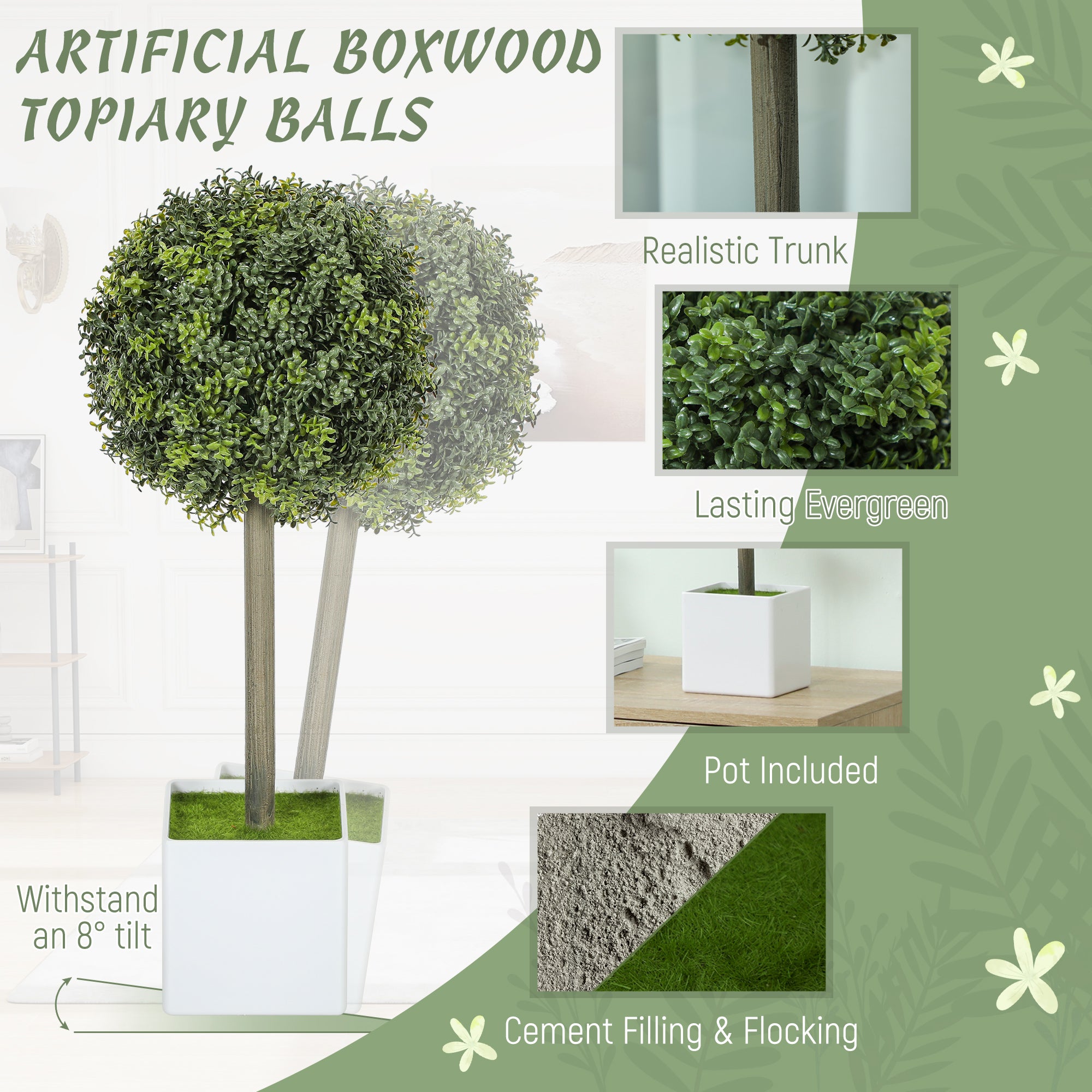 Lifelike Artificial Plants Set of 2, Fake Boxwood Topiary Balls with 114 PE Leaves for Home or Office Decor, Green